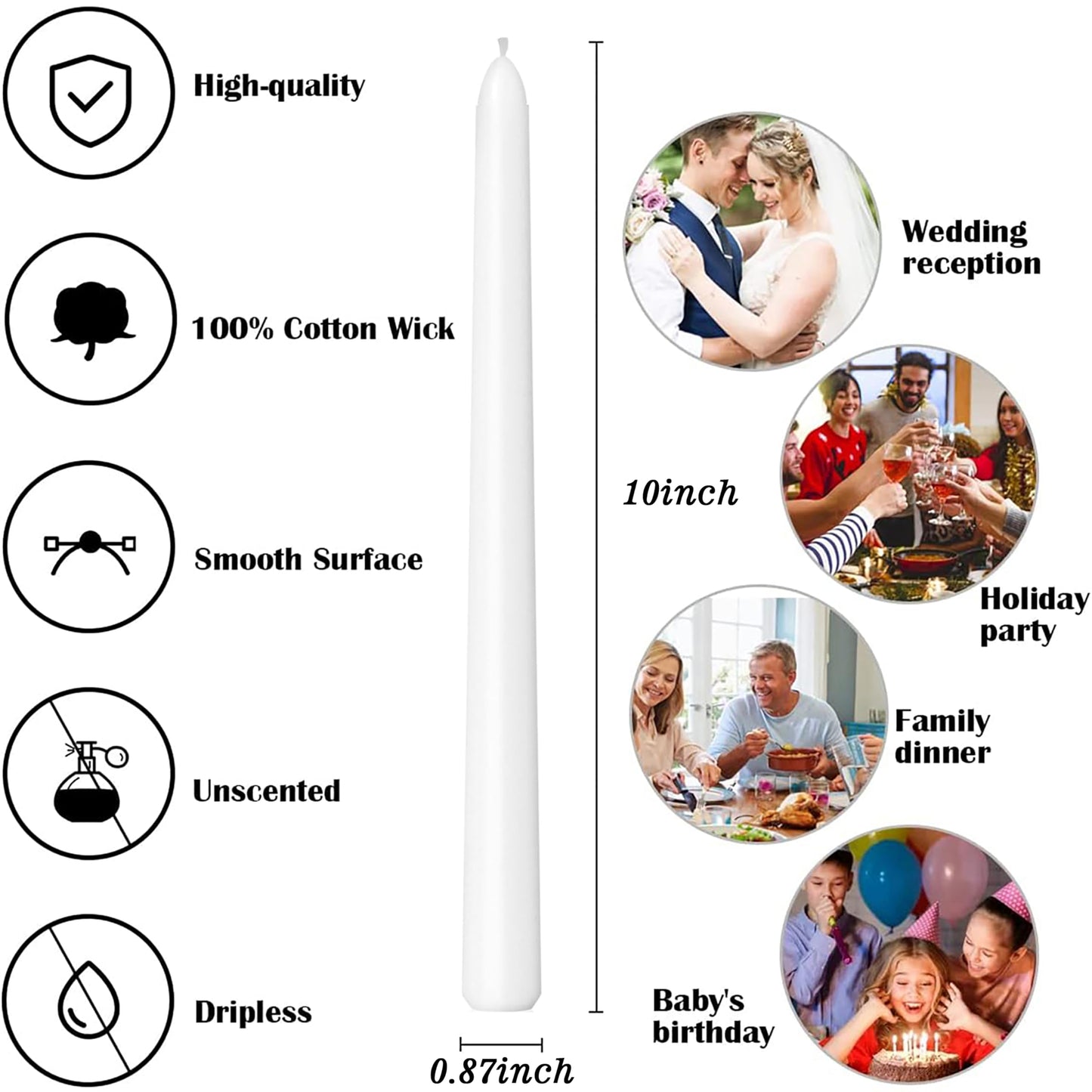 8 Pack 10 Inch White Smooth Taper Candle Set, 7/8 Inch Unscented Driples Candlesticks for Home Decoration, 6-7 Hours Burn