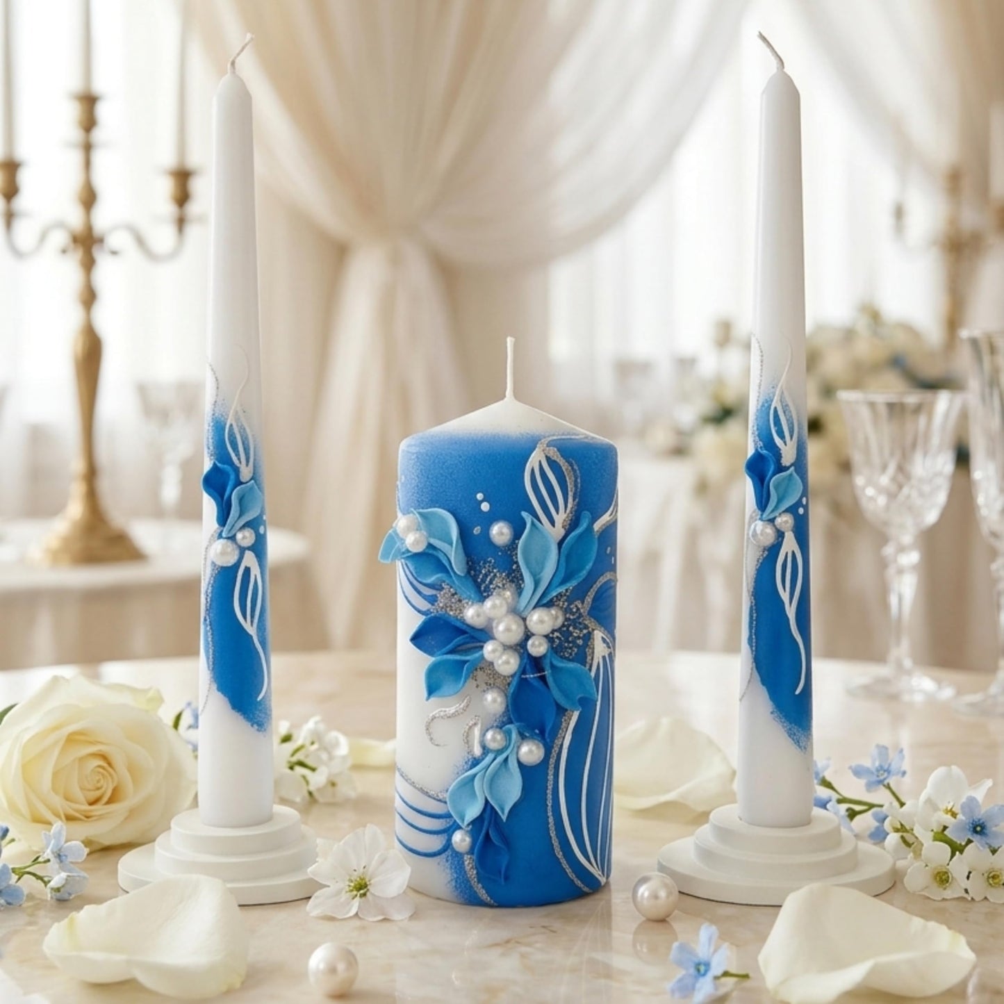 Magik Life Unity Candle Set - Wedding Ceremony & Reception – 6” Pillar & Two 10” Taper Candles – Long Burning Unity Candles for Marriage Ritual – Handmade in USA –White | Royal Blue