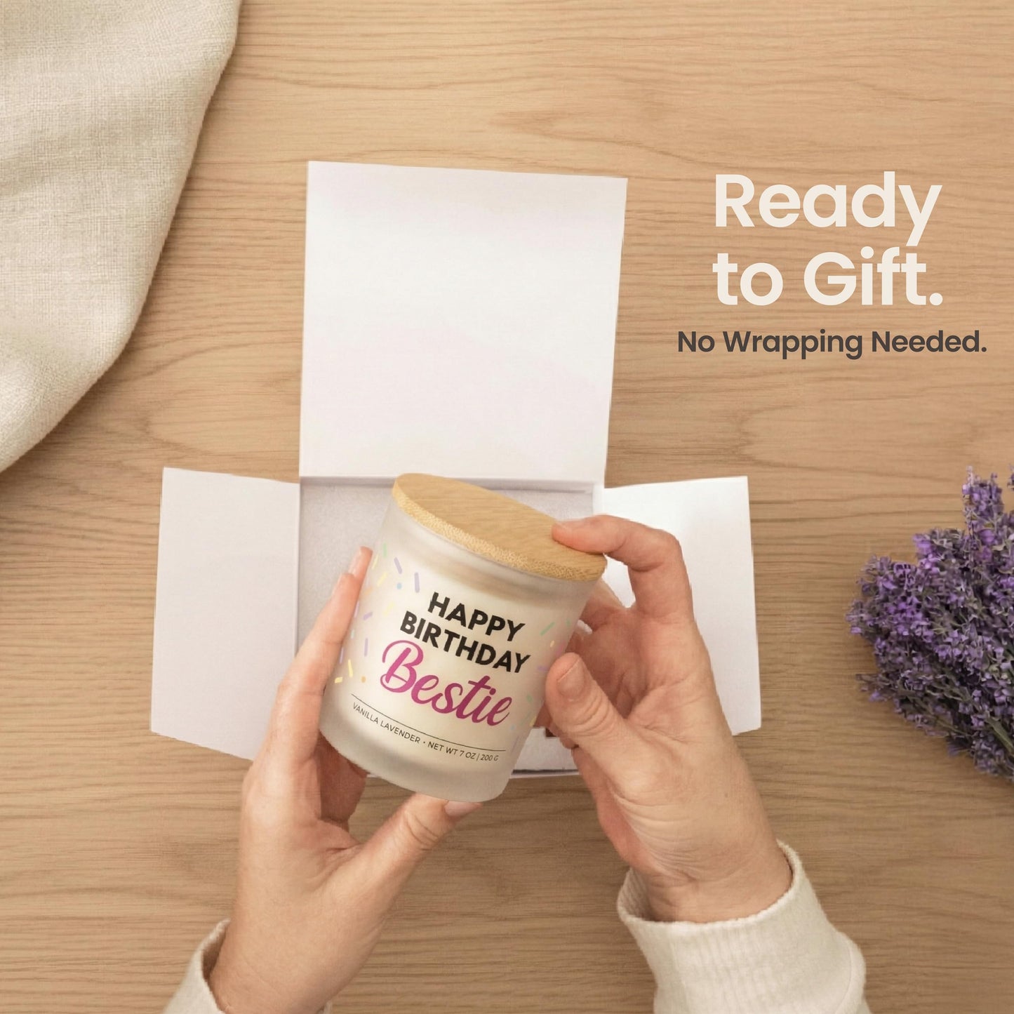 Bestie Birthday Gifts for Women - Happy Birthday Bestie Gifts for Women with Sprinkles Friendship Soy Candle Gift Set for BFF Sister Coworker Vanilla Lavender Candle Ready to Gift Box by Wick and Wit