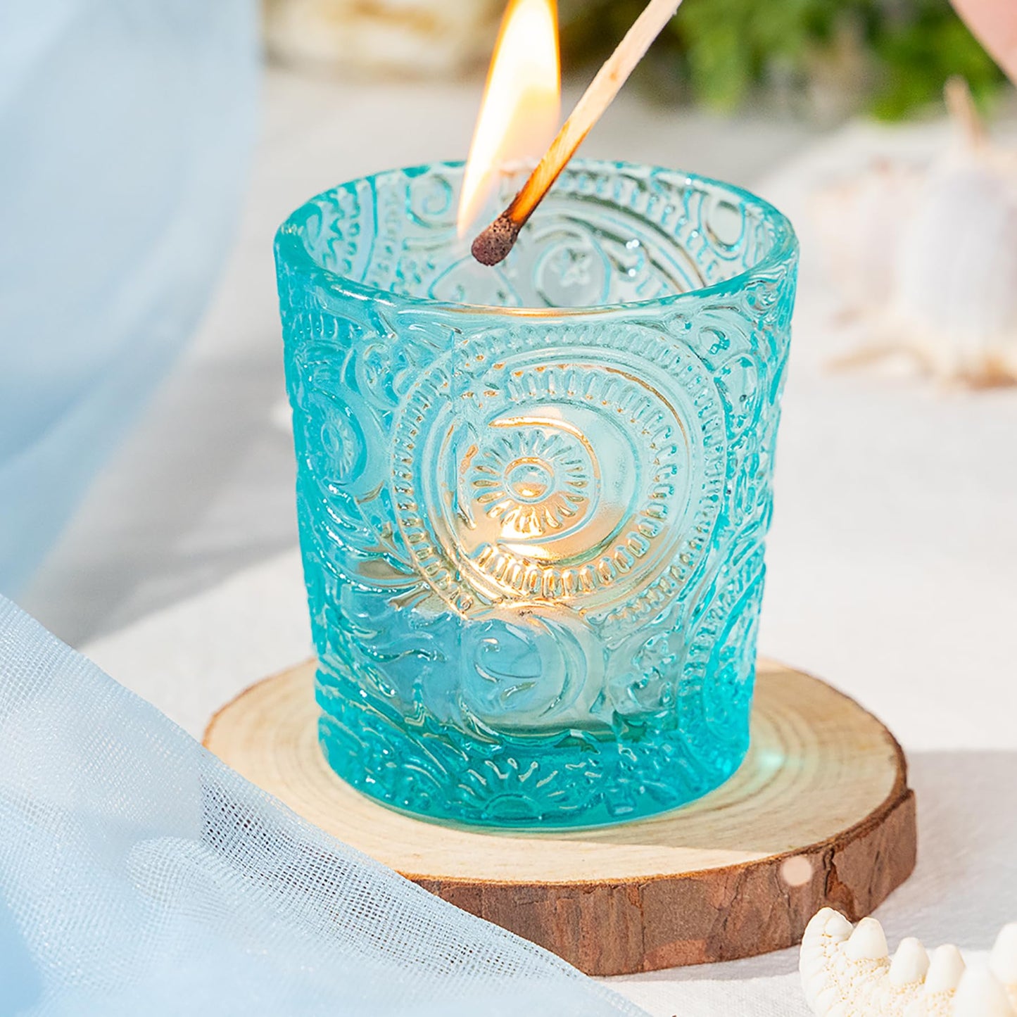 6 Pack Patented Sun Moon Star Embossed Glass Tea Light Candle Holders - Unique Votive Candle Holders for Wedding, Party, and Table Centerpieces (Multi-Color)