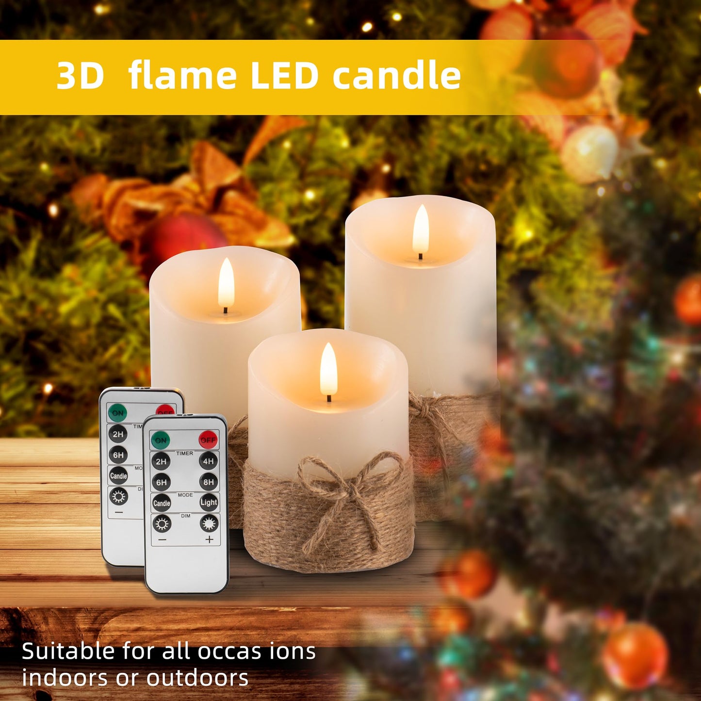 AKU TONPA Flameless Candles Battery Operated Pillar Real Wax Electric LED Candle Gift Set with Remote Control and Timer, 4" 5" 6" Pack of 3, Ivory Wax with Hemp Rope