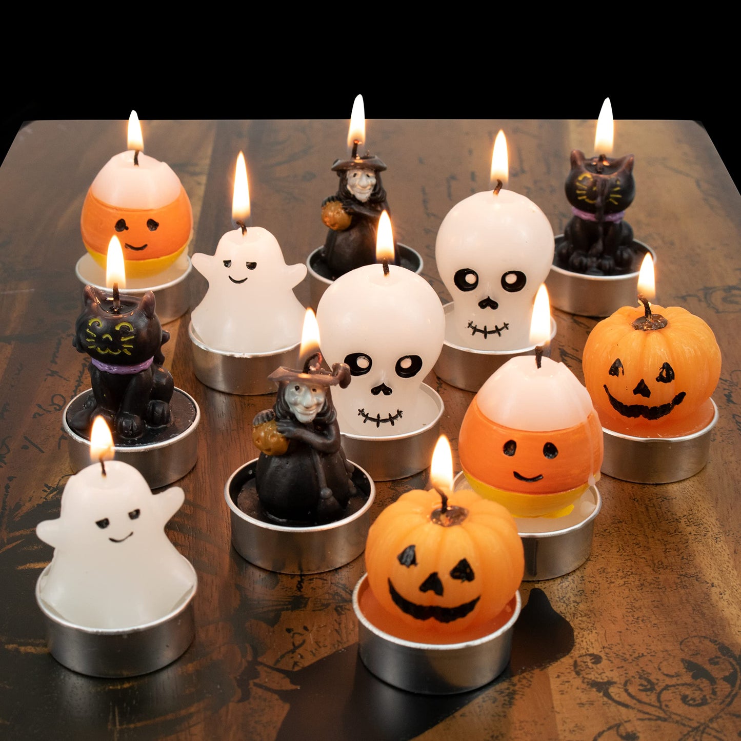 GiftExpress 12 Pcs Halloween Candles 6 Styles, Smokeless Unscented Tealight Candles for Halloween Decoration Party, Ghost, Witch, Skull, Jack O Lantern Pumpkin