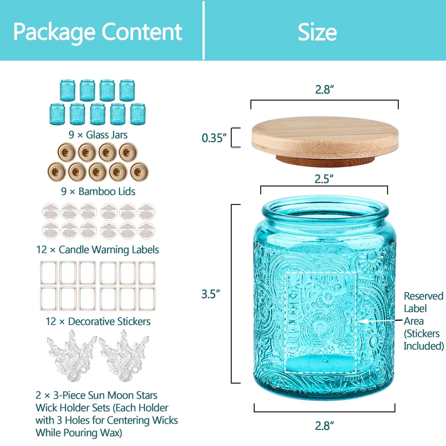 9-Pack 8oz Embossed Glass Candle Container with Bamboo Lids and Labels, Blue Candle Jars for Making Candles, Sun Moon Star Design