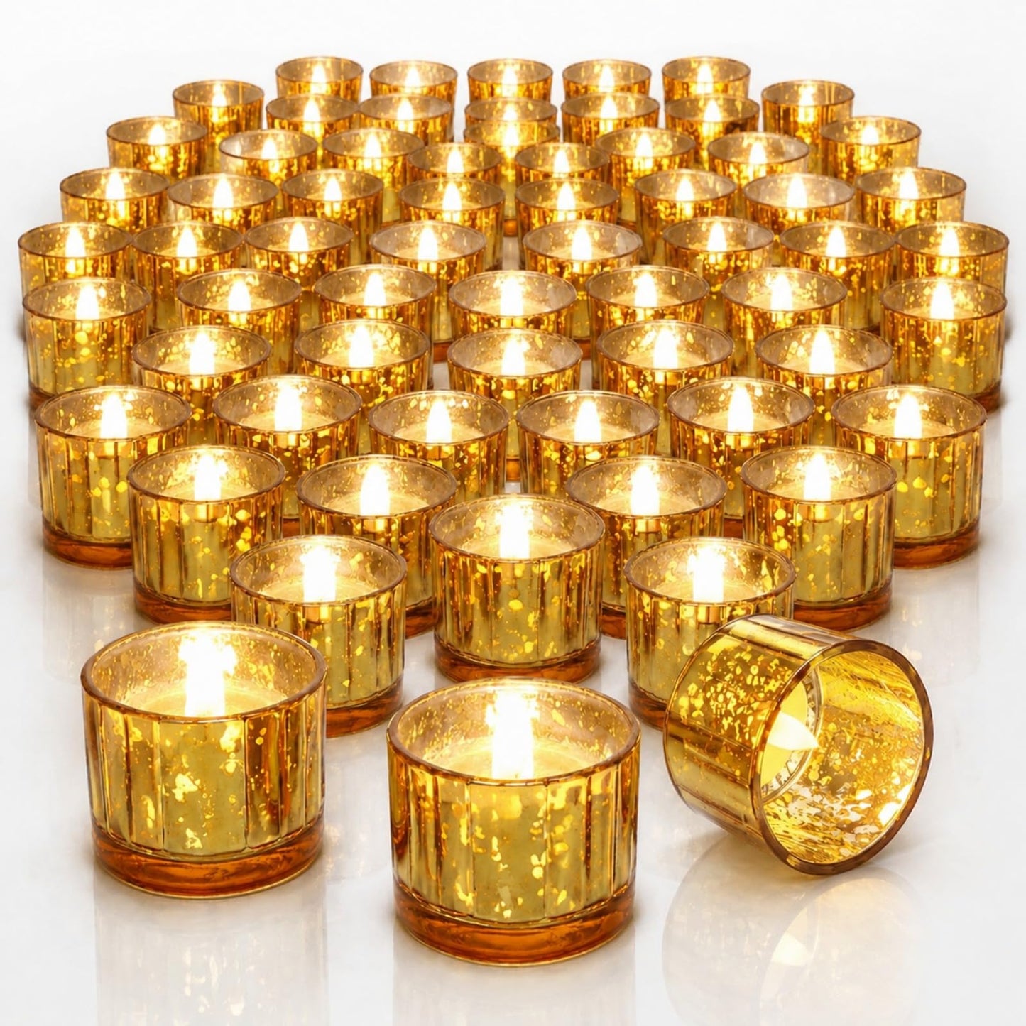 Mumufy 50 Pcs Glass Tealight Candle Holder Ribbed Votive Candle Holder for Centerpiece Wedding Proposal Spa Aromatherapy Meditation Home Decor (Gold)