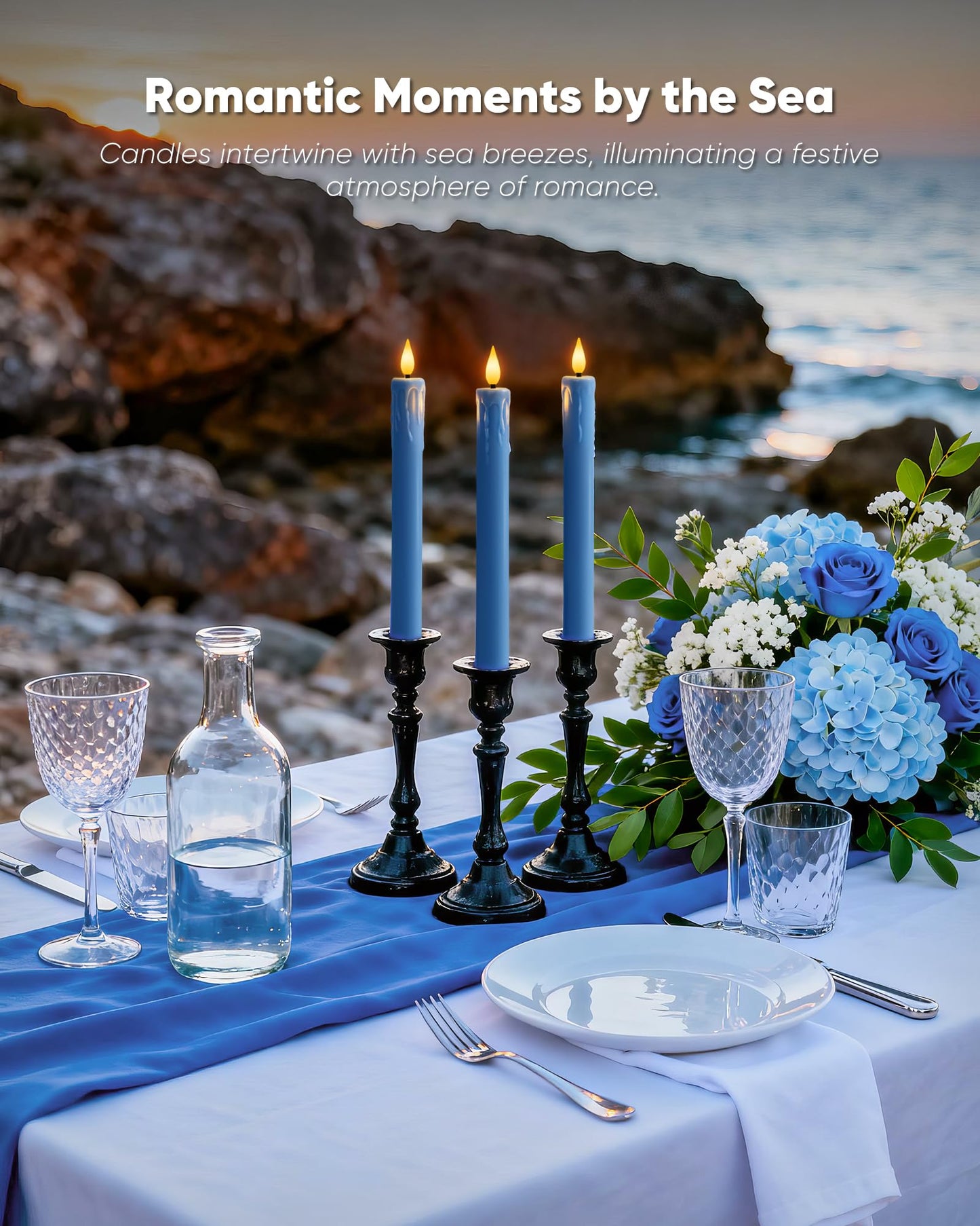 Homemory 6 Pcs Real Wax Blue Flameless Taper Candles with Remote Timer, 9.6 Inches LED Fake Candlesticks, LED Candle with 3D Flickering Flame for Romantic Wedding, Dinner, Xmas Anniversary Decor