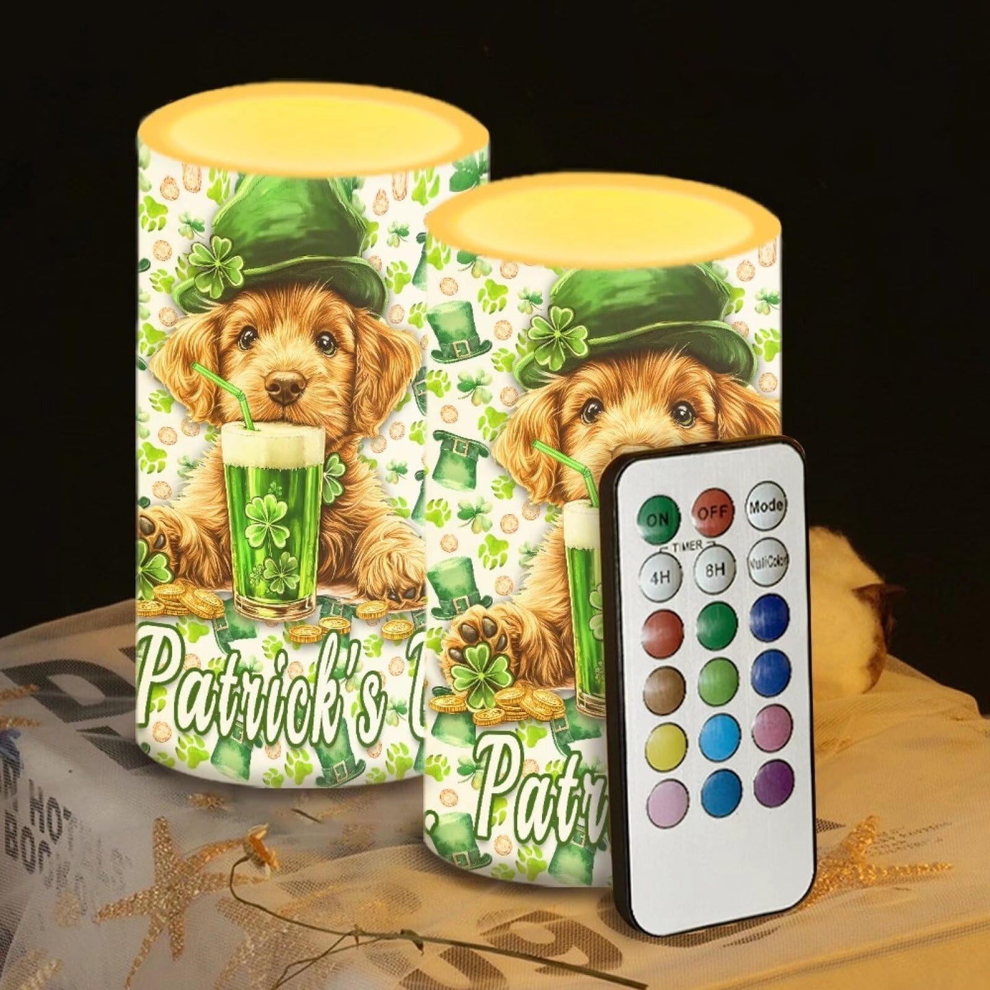 Luarisgur St Patricks Day Flameless Candles Green Dog Battery Operated Candles with Remote and Timer LED Flameless Candles 2 Pack 6 x 3 inch for Home Decor Bedroom