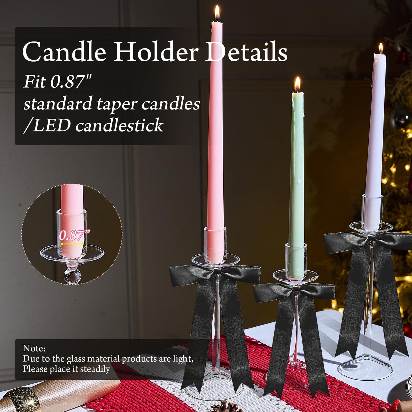 CHILL RECIPE Bow Candle Holder Glass Taper Candlestick Holders with Built-in Candle Drip Protectors Bows Decor for Table Centerpiece Wedding Party Halloween(Black)