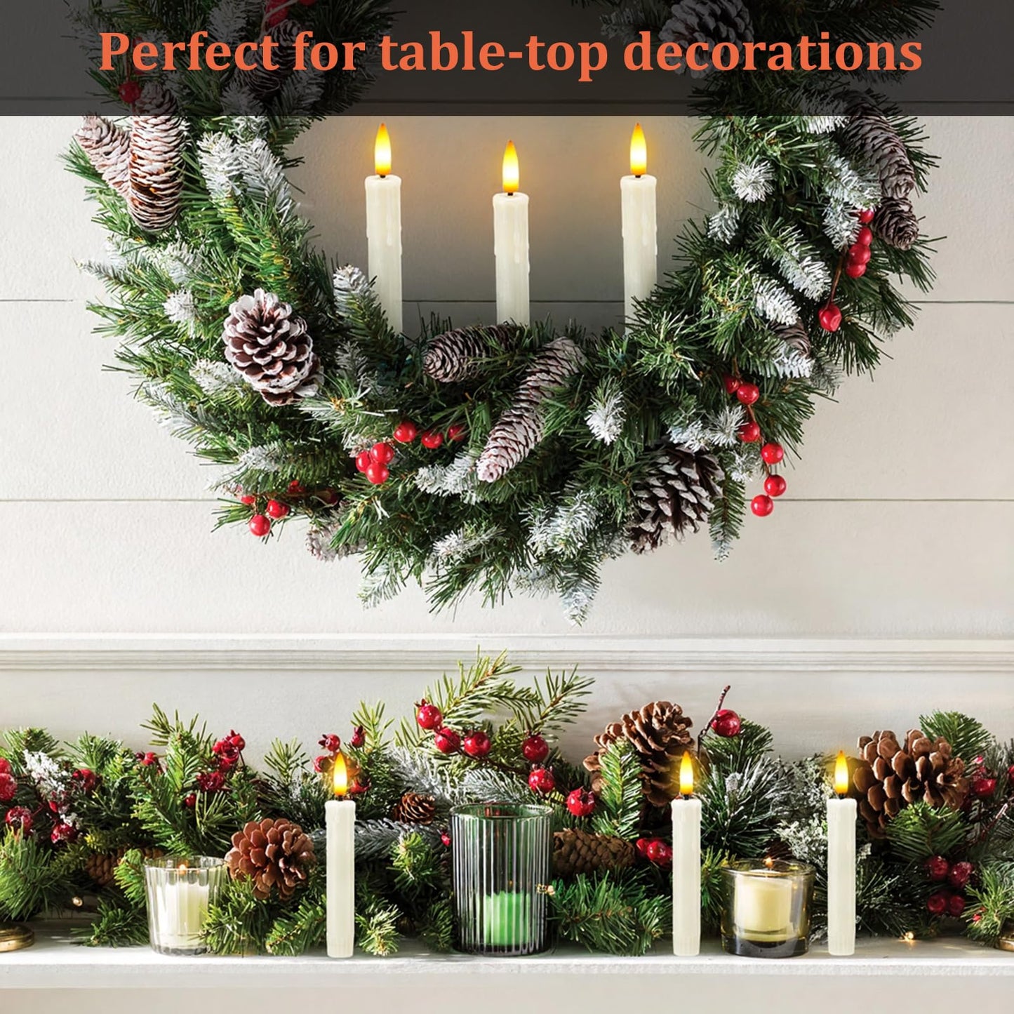 IMAGE 12Pcs LED Taper Candles Light Set 5.3 inches Dripping Flameless 3D Wick Ivory Candles with Clip-on Christmas Tree Design, 10-Key Remote with Timer, Warm White Light Battery Operated for Decor