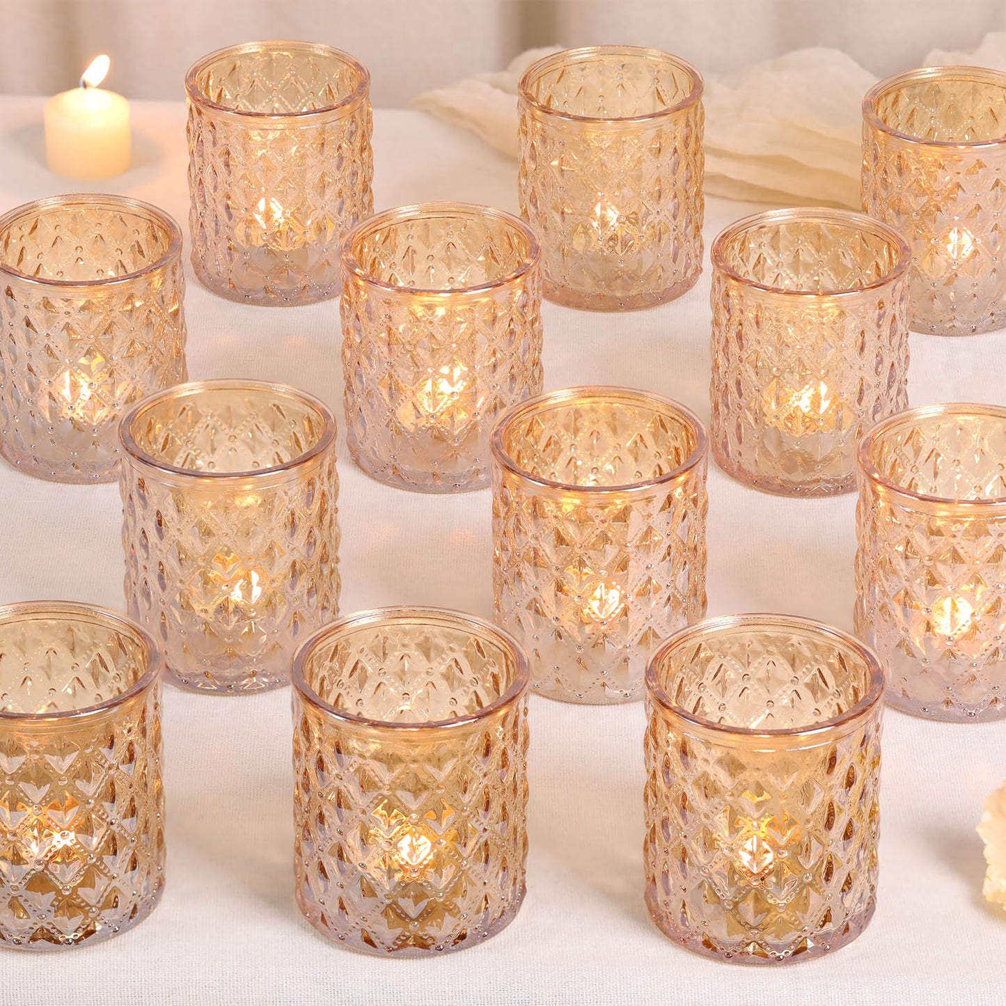 MATAHUM 12 Pcs Large Votive Candle Holders 2.8 * 3.2inch Gold Tea Light Candle Holders Glass Candle Holder for Bridal Shower, Wedding, Table Centerpiece, Party, Home Decor