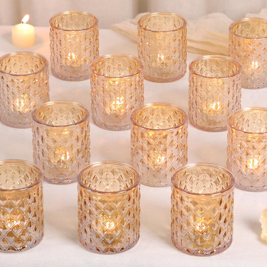 MATAHUM 12 Pcs Large Votive Candle Holders 2.8 * 3.2inch Gold Tea Light Candle Holders Glass Candle Holder for Bridal Shower, Wedding, Table Centerpiece, Party, Home Decor