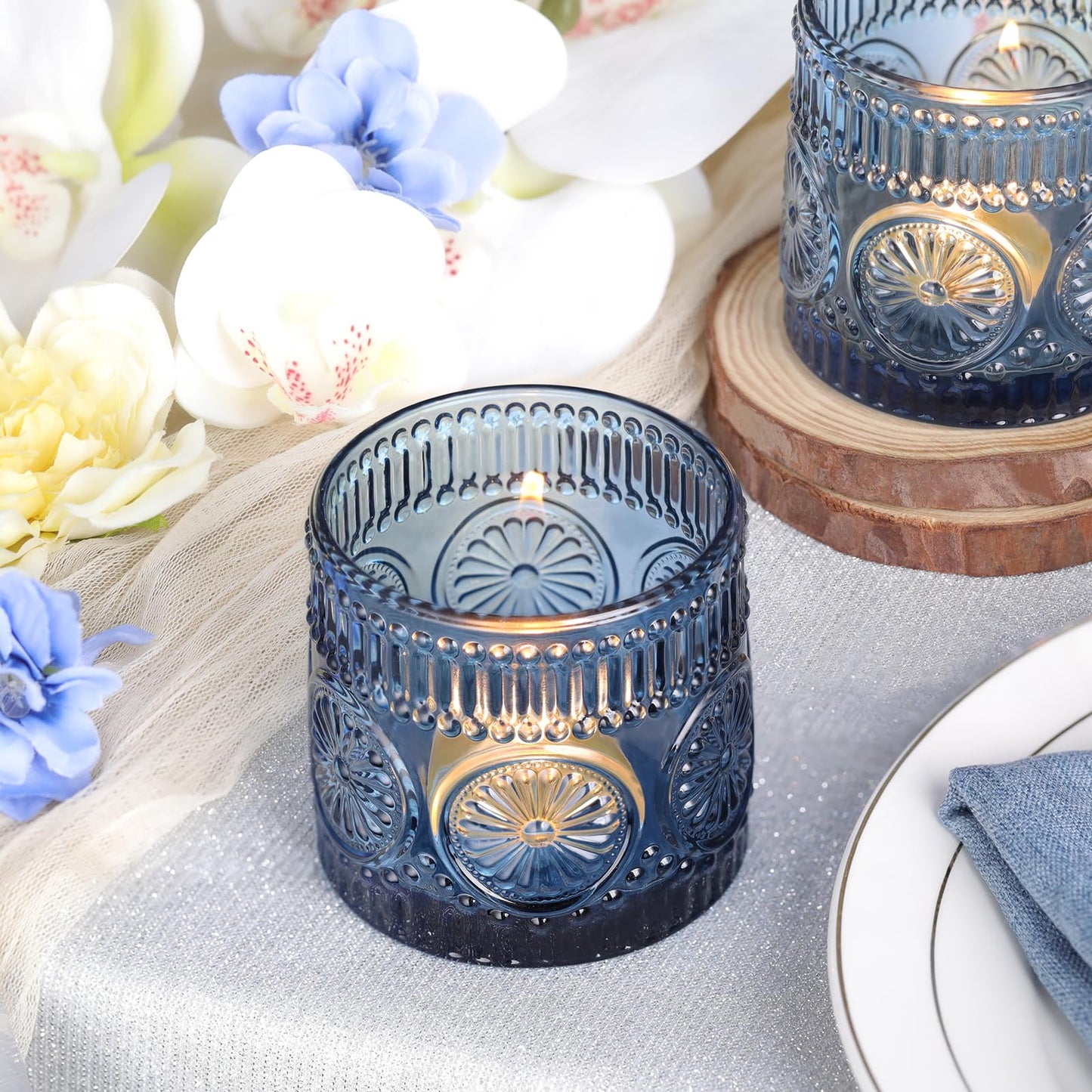 Sunnyfuture 6Pcs Large Votive Candle Holders Blue Glass Tealight Candle Holders for Wedding, Table Centerpiece, Party, Birthday, Home Decor