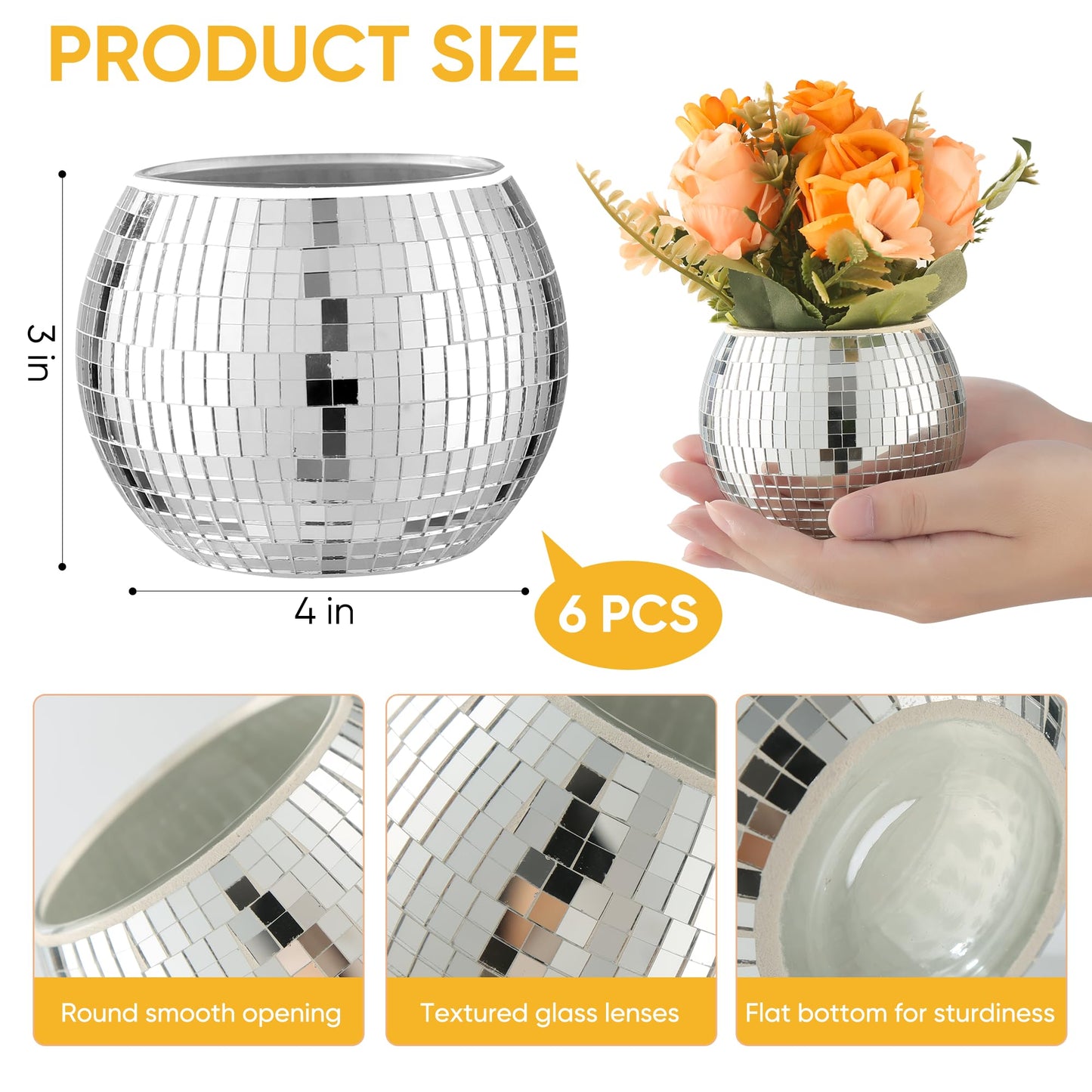 6 Pcs Disco Ball Vase Disco Ball Planter for Centerpieces Disco Ball Decor Flower Vase with Silver Mirror Glass for Wedding, Birthday, Party (3" X 4")