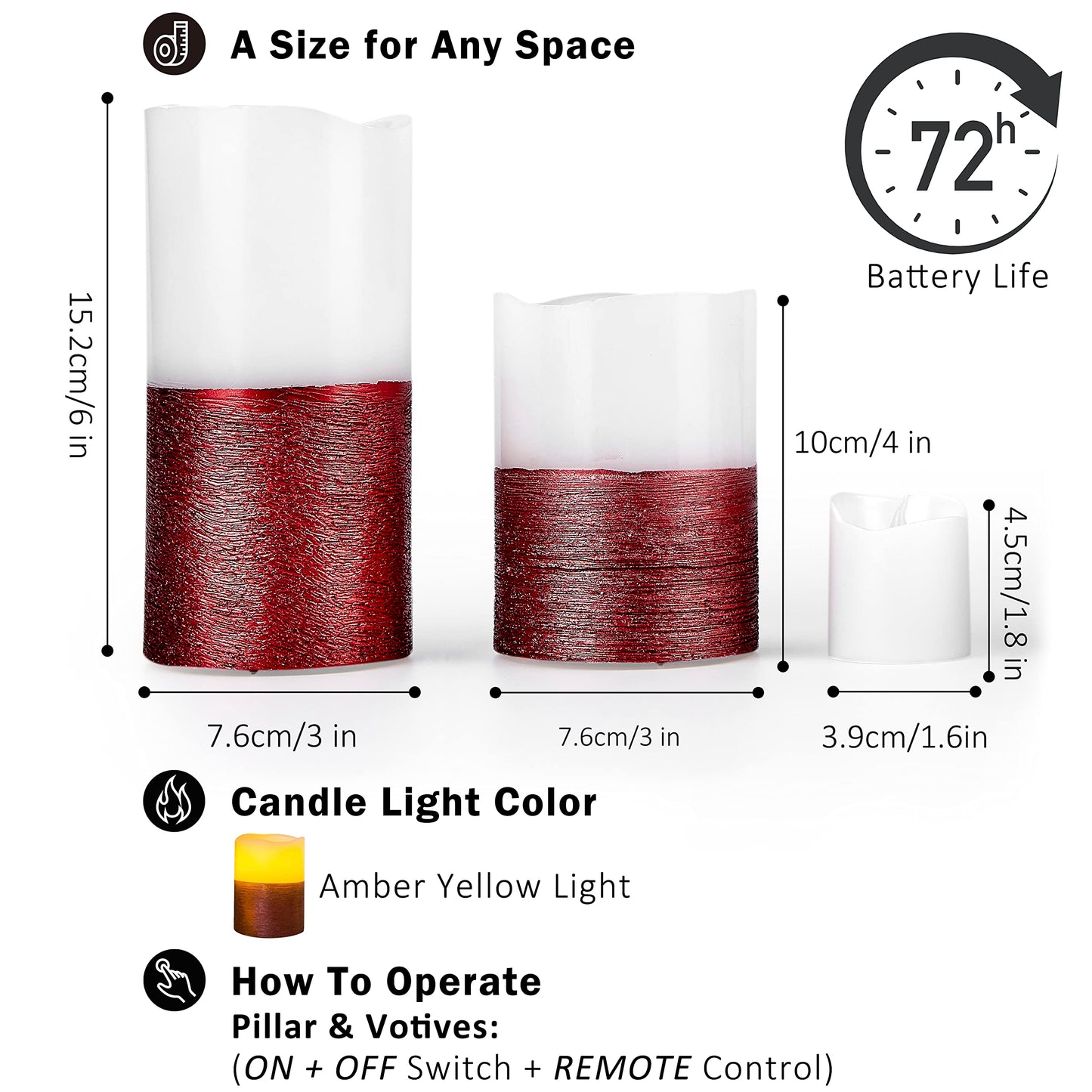 FURORA LIGHTING Red Trim Flameless Candles - Real Wax, Adjustable Brightness, Remote & Timer - 4 Pillars (3x4, 3x6) and 4 Votives, 8-Pack, Battery Operated