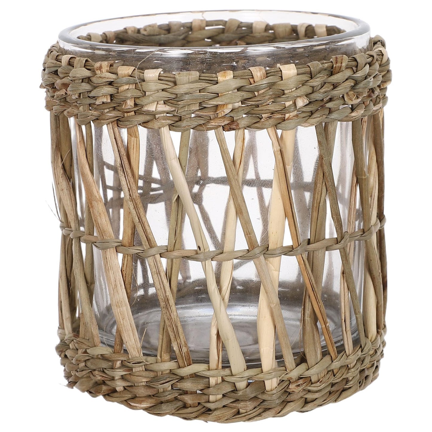 MAGICLULU Glass Tea Light Candle Holder Cups 7cm Diameter, Handwoven Straw Cylinder Votive Holders for Dining Room Table Centerpiece and Home Decor
