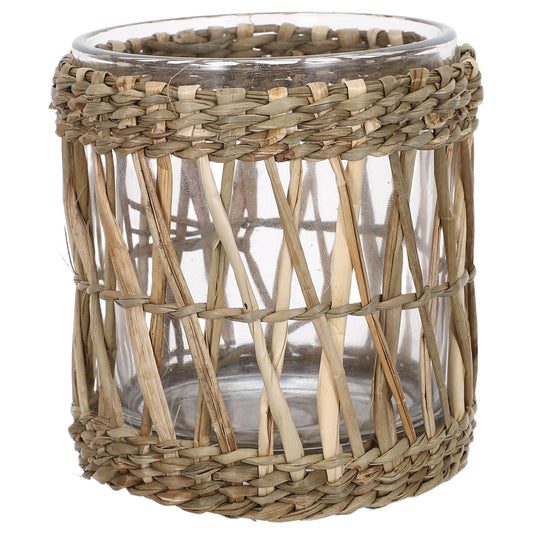 MAGICLULU Glass Tea Light Candle Holder Cups 7cm Diameter, Handwoven Straw Cylinder Votive Holders for Dining Room Table Centerpiece and Home Decor