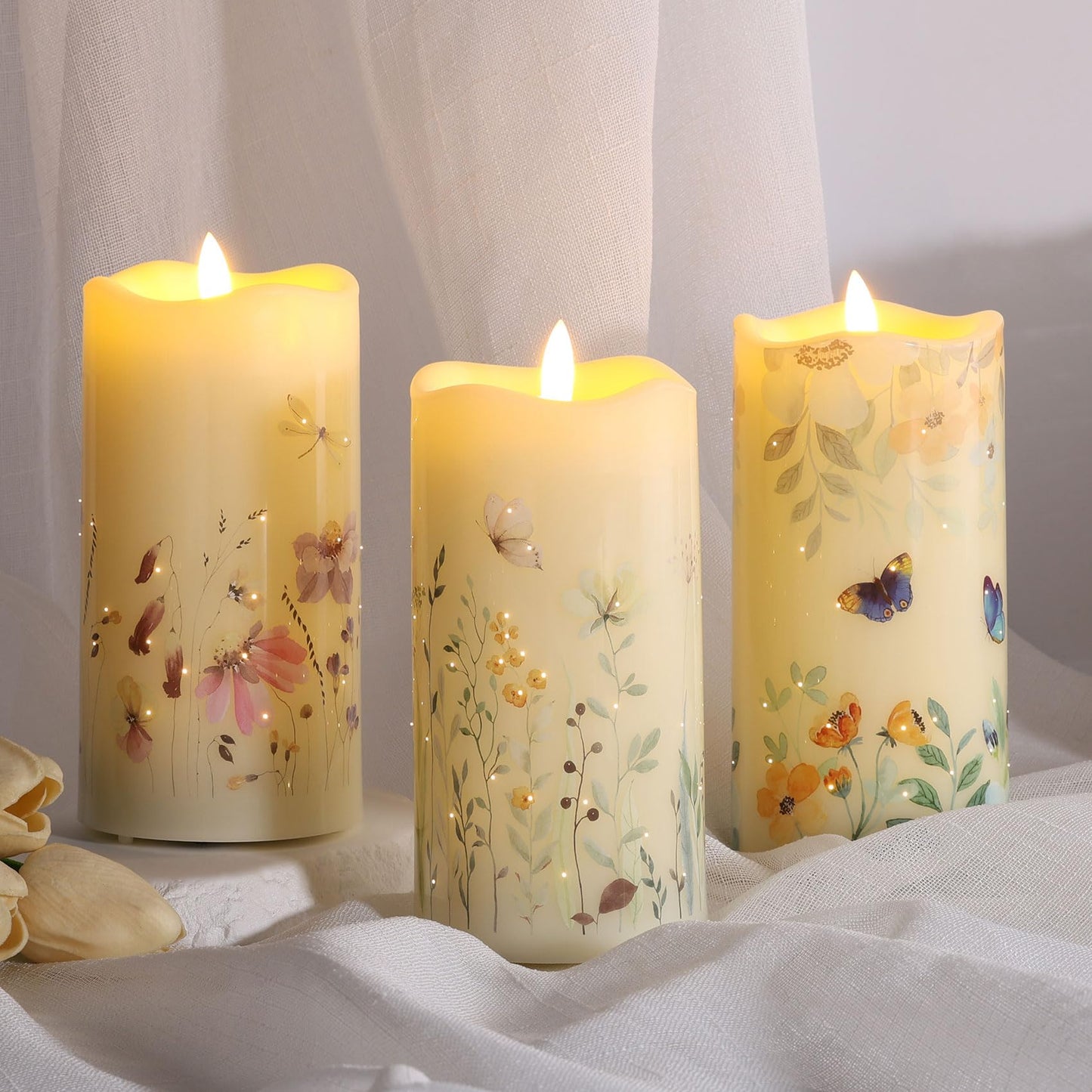 Eywamage Fiber Optic Flameless Pillar Candles with Remote Set of 3, Butterfly Floral Spring LED Candles Battery Operated Gift Φ 3" H 6"