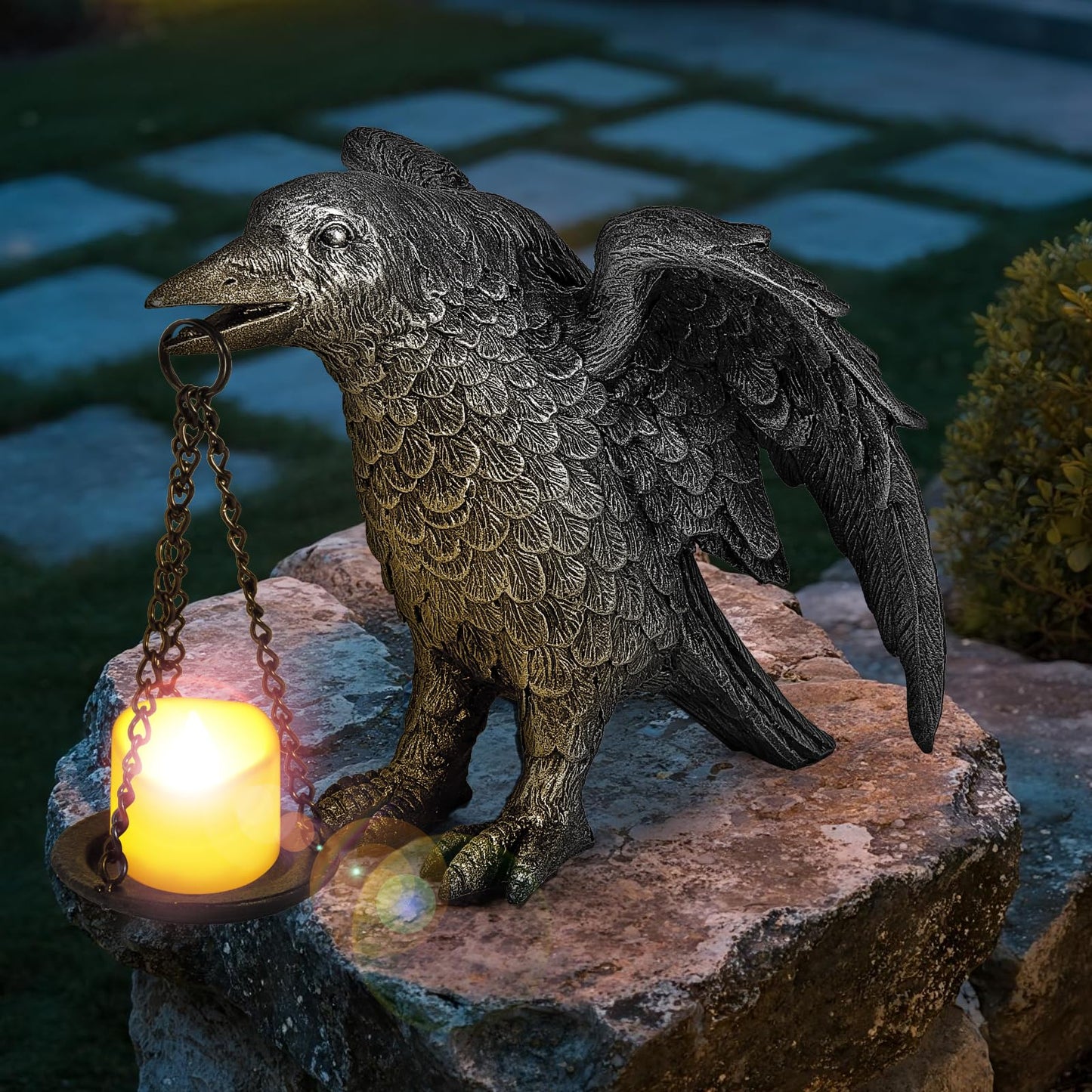 Halloween Decorations Spread Wings Raven Candle Holder Outdoor Garden Statue for Patio Decor Gothic Home Decor Half Silver