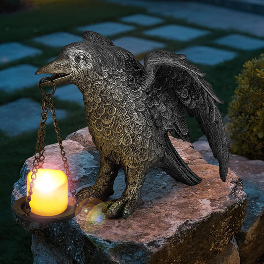 Halloween Decorations Spread Wings Raven Candle Holder Outdoor Garden Statue for Patio Decor Gothic Home Decor Half Silver