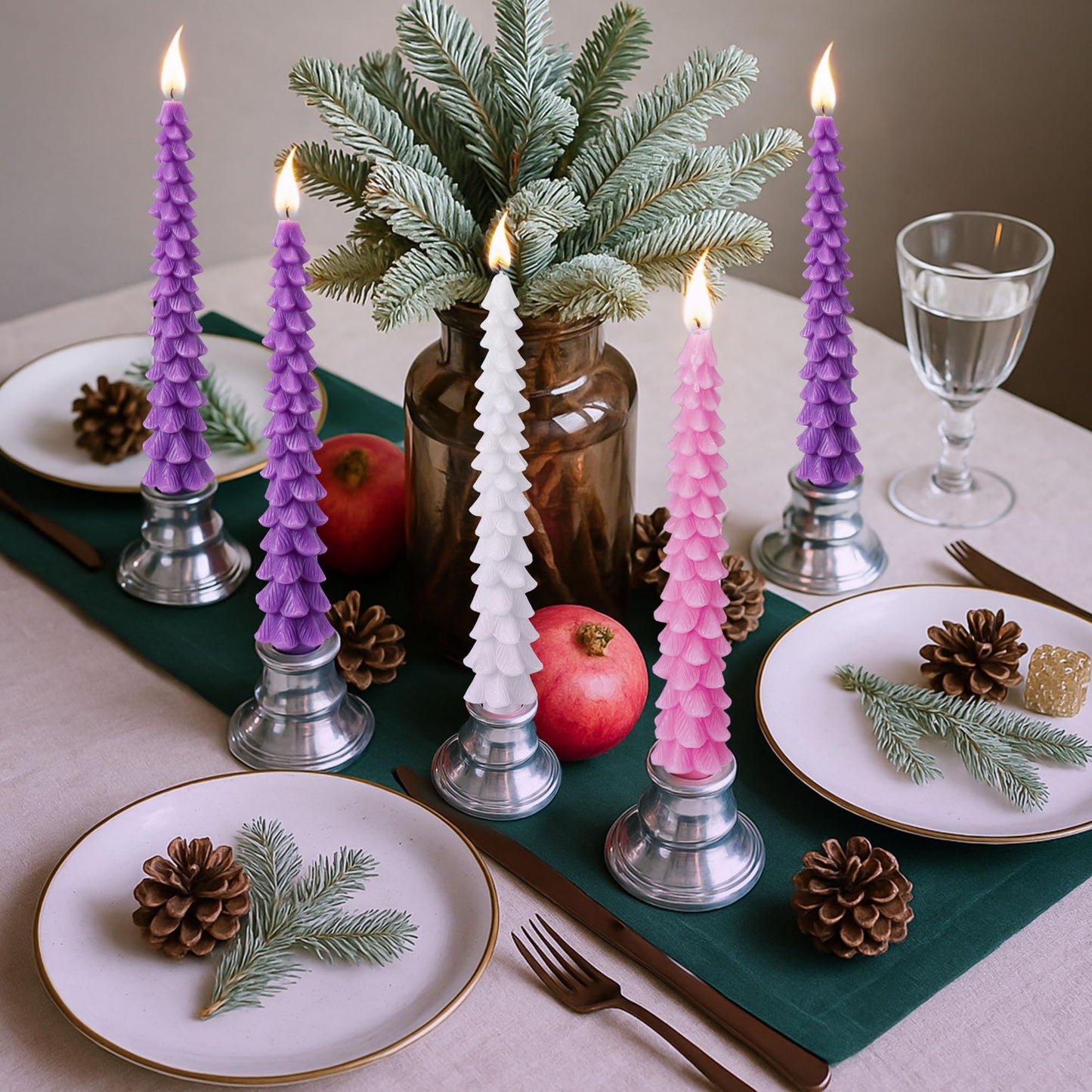 Enhon 5 Pcs Advent Candles Set, 10 Inch Tree Shaped Taper Candles, Unscented Beeswax Christmas Advent Wreath Candle for Xmas, Holiday, Church, Party, or Home Decor (Purple,Pink,White Style)