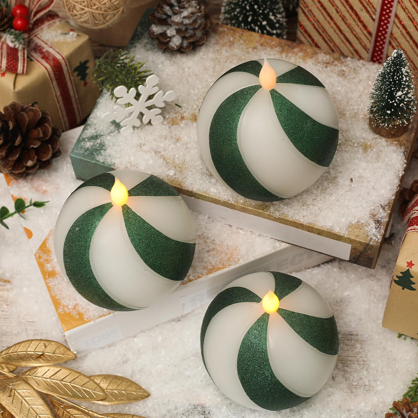 Set of 3 Christmas Sphere Candy-Cane Flameless Candles, Green&White Real Wax Flickering Ball Candles Battery Operated with Remote, Candy Cane Christmas Decorations,Xmas Party Tables Centerpieces Decor
