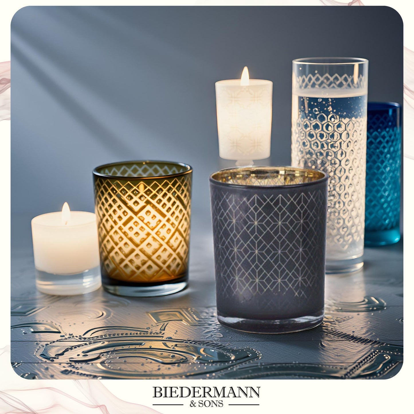 Biedermann & Sons Geometric Glass Candle Holders (Set of 4), Silver Gray with Gold Interior, 4 Inch Diameter x 5 Inch Tall, Pillar Candle Holder Decor for Tables and Shelves