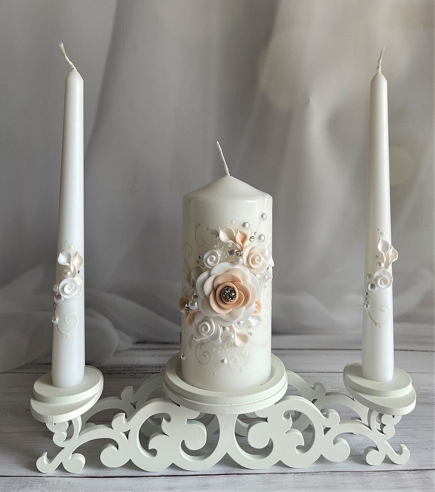 Magik Life Wooden Unity Candle Holder – Solid One-Piece Triple Candle Stand – Handcrafted from Natural Wood – Painted in Safe Premium White Finish – Fits 2 Taper (0.80”) & 1 Pillar Candle (3”)