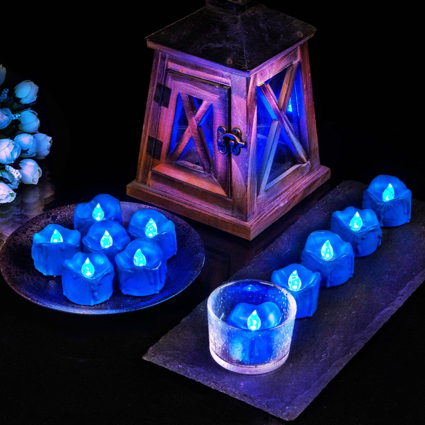 Windshell Blue Flickering Flame Tealight Candles with 6H Timer (No Remote), Battery Operated LED Flameless Tea Lights with Melting Design, for Halloween Christmas Wedding Party, 12 Pack