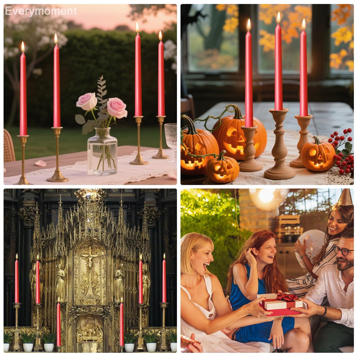 Everymoment Red Taper Candles - 4 Pack 10 Inch Candlesticks - Dripless & Smokeless for 8 Hours - Unscented Paraffin Wax - Ideal for Valentine’s Day Christmas Wedding Halloween Holiday & Home Decor