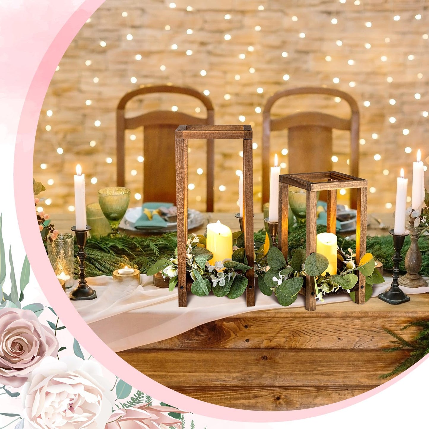 Geelin 12 Set 10.59'', 13'' Brown Wooden Lanterns for Wedding Centerpieces Include 12 Wooden Lantern 12 LED Candle 12 Eucalyptus Leaves Wreath for Wedding Baby Shower Farmhouse Table Decor