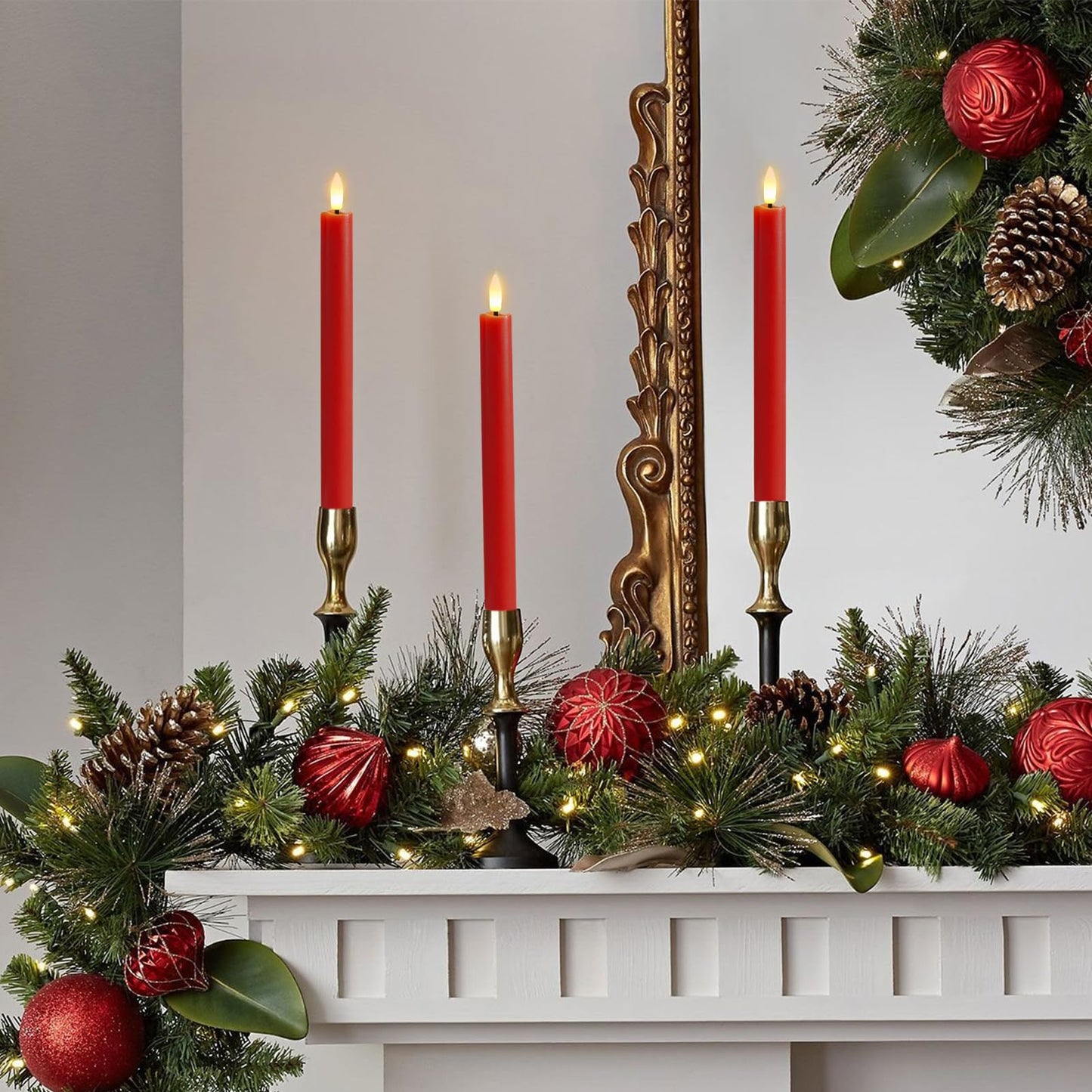 GenSwin Flameless Taper Candles with 10-Key Remote Timer, Set of 2 Red Real Wax LED Taper Candles Battery Operated, Flameless Candlesticks with 3D Wick for Halloween Christmas Decor(0.78” x 9.6”)