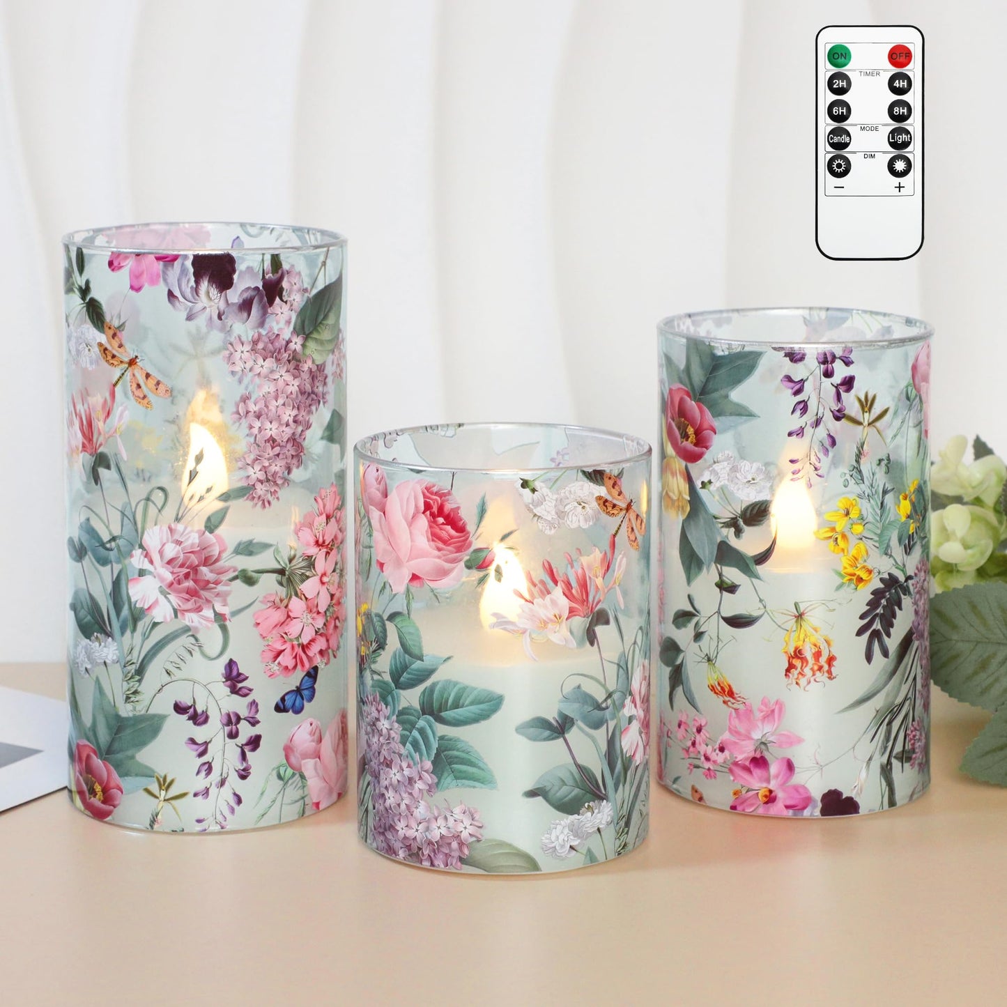 Silverstro Floral Flameless Candles with Remote Timer, Pink Rose and Lilac Pattern LED Glass Candles, Battery Operated for Home Party Wedding Christmas Spring Valentine's Day Decor, Set of 3