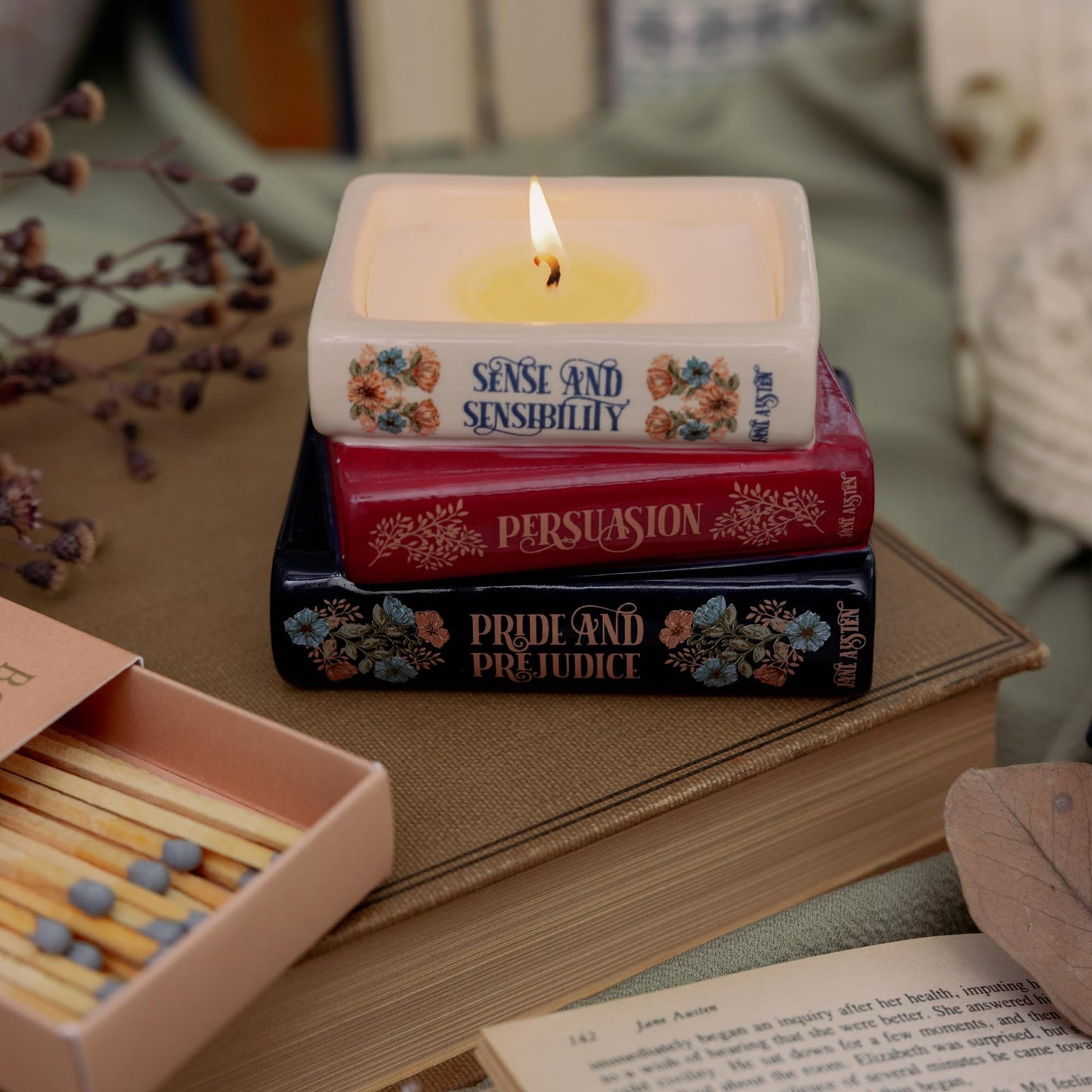 Steel Mill & Co Novelty Shaped Book Theme Scented Candle, Library Stack 6.5 oz Wax Candle with Notes of Earl Gray Tea and Honey, Unique Gift for Book Lovers (Jane Austen)