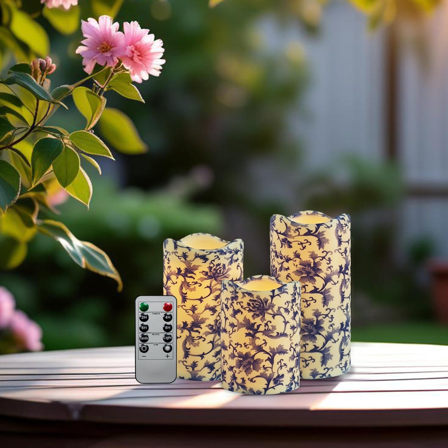 NjaoHoo Flameless Candles 4" 5" 6" Set of 3 Indoor Outdoor Pillars Battery Operated Flickering Candles Include 10-Key Remote Timer Function 500+ Hours (Blue and White Printed)