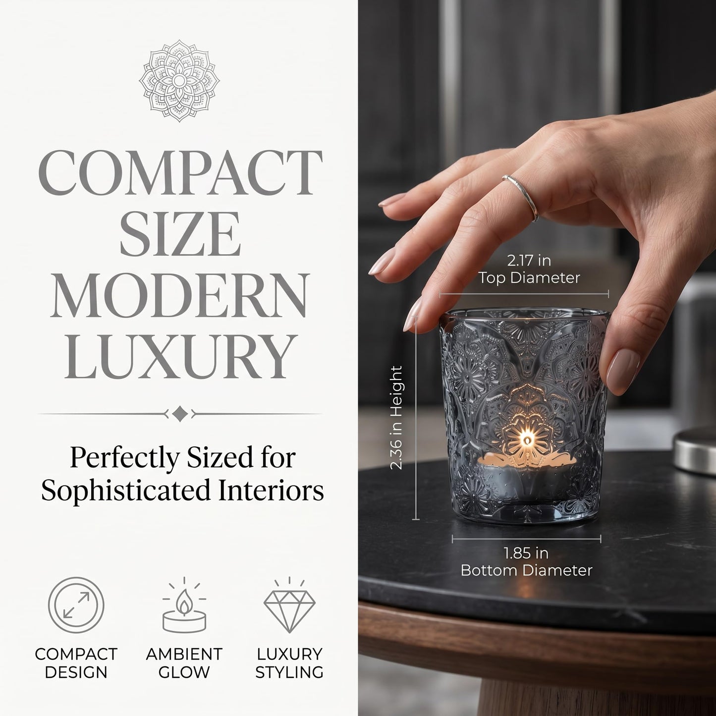 6 Pack Mandala Embossed Glass Candle Holders – Votive Tealight Holders with Patent Design, Decorative Embossed Glass Cups for Wedding Centerpieces, Parties, and Home Décor (Smoky Quartz)