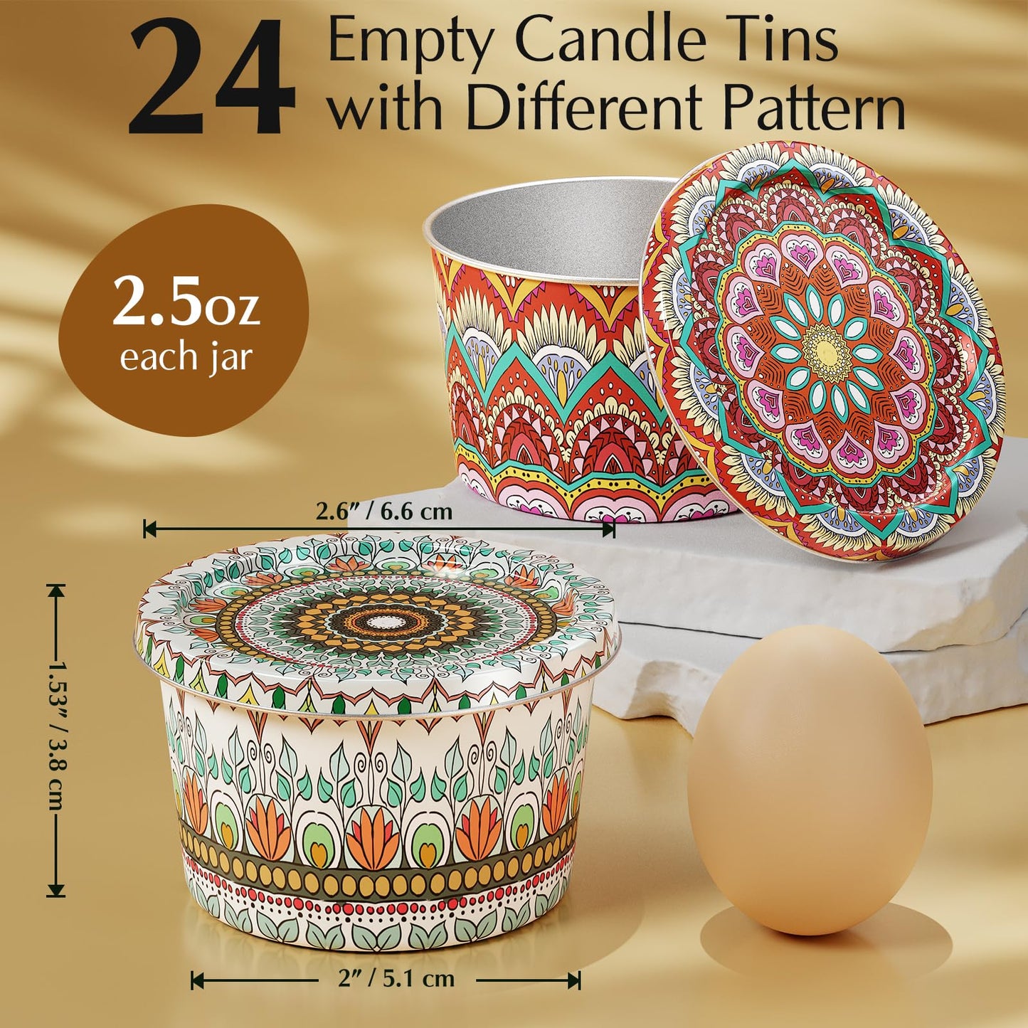 Happyhube Empty Candle Tins for Making Candles, 24 Pack 2.5 oz Metal Containers, Travel-Friendly Rust-Proof Tins with Lids, 24 Patterns Jars(Colourful)