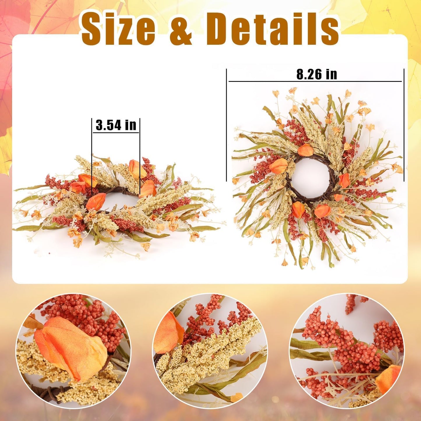 6 Pcs Fall Candle Rings 9 inch Thanksgiving Autumn Wreaths with Flowers for Tables Artificial Farmhouse Candle Rings Wreath for Front Door Porch Wall Window Decorations
