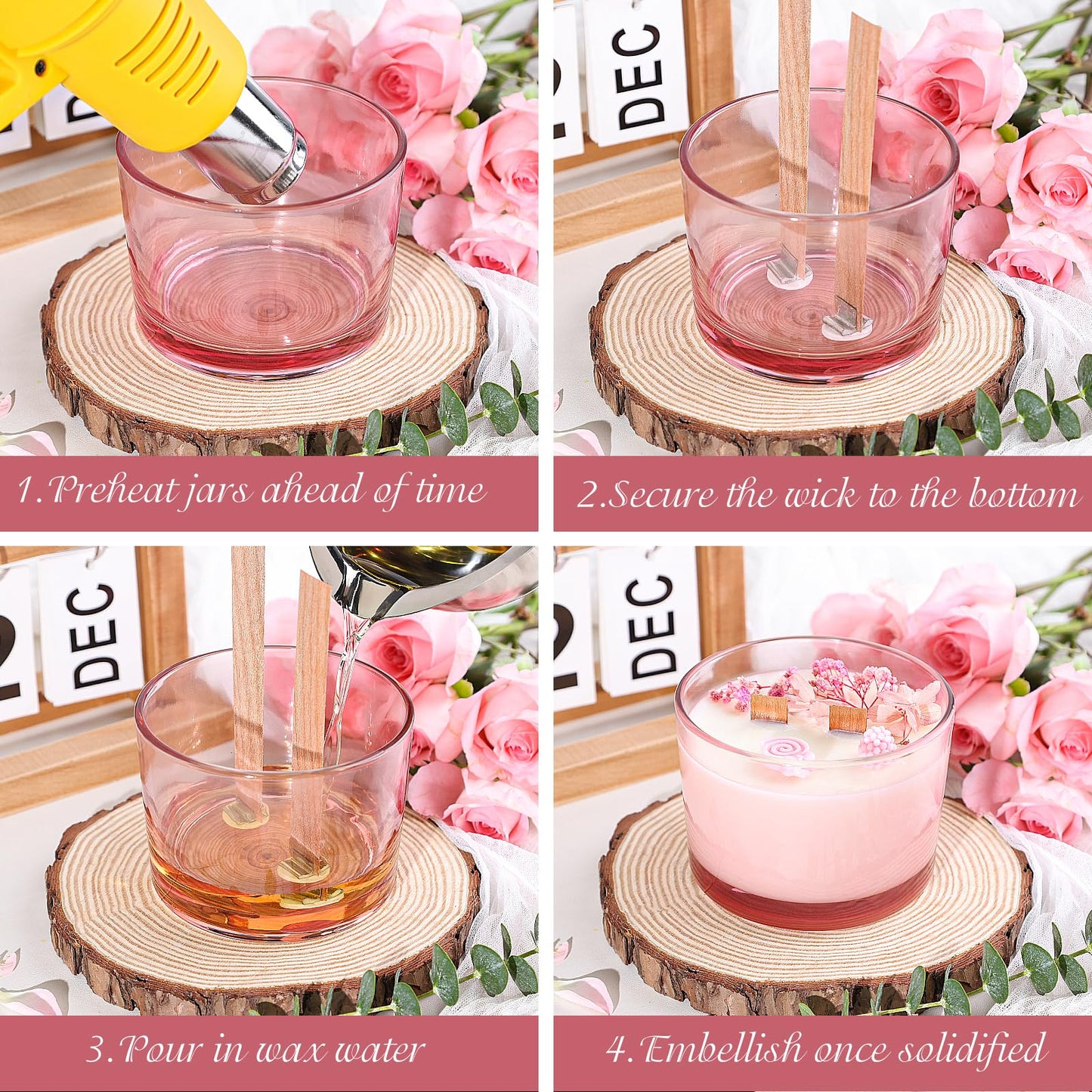 CONNOO 6 Pack 16 oz Candle Jars - 3 Wicks Pink Empty Glass Wide Mouth Candle Jars Come with Metal Lids Sticky Warning Labels and a Candle Wick Kit for Candle Making- Dishwasher Safe