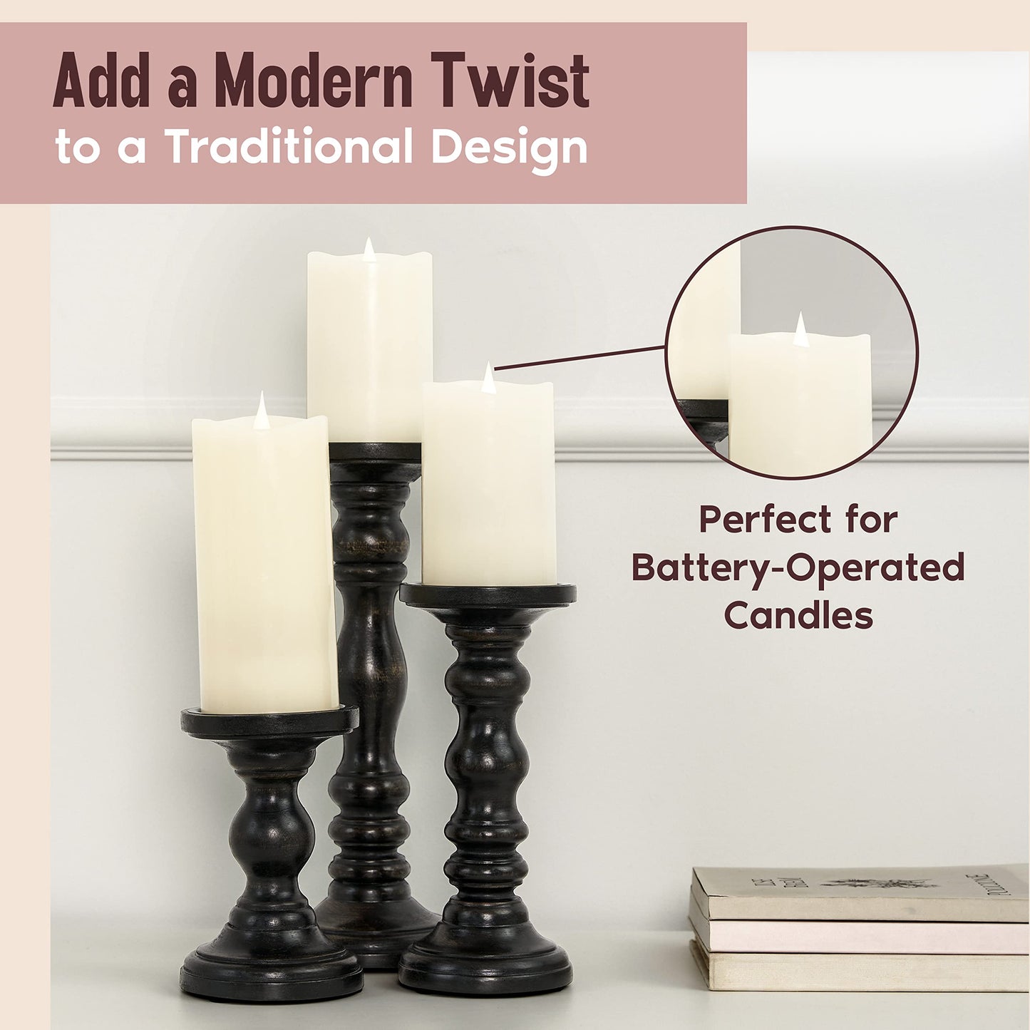 Large Candle Holders for Pillar Candles - Decorative Rustic Centerpiece Pillars Compatible with Battery-Operated Candles - Tall Farmhouse Wooden Candle Holders Pillar - Set of 3