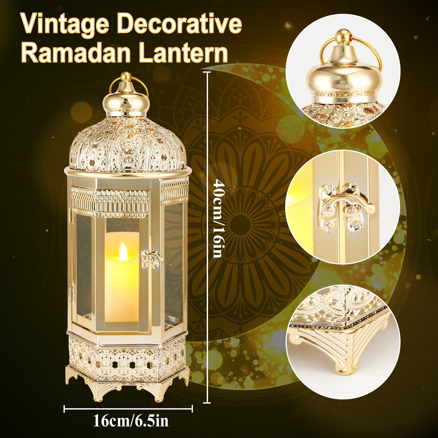 TRIROCKS Moroccan Candle Lantern16'' Gold Hexagonal Candle Holder with Tempered Glass Decorative Indoor Outdoor Ramadan Lantern for Living Room Garden Yard Patio Parties Events (Gold)