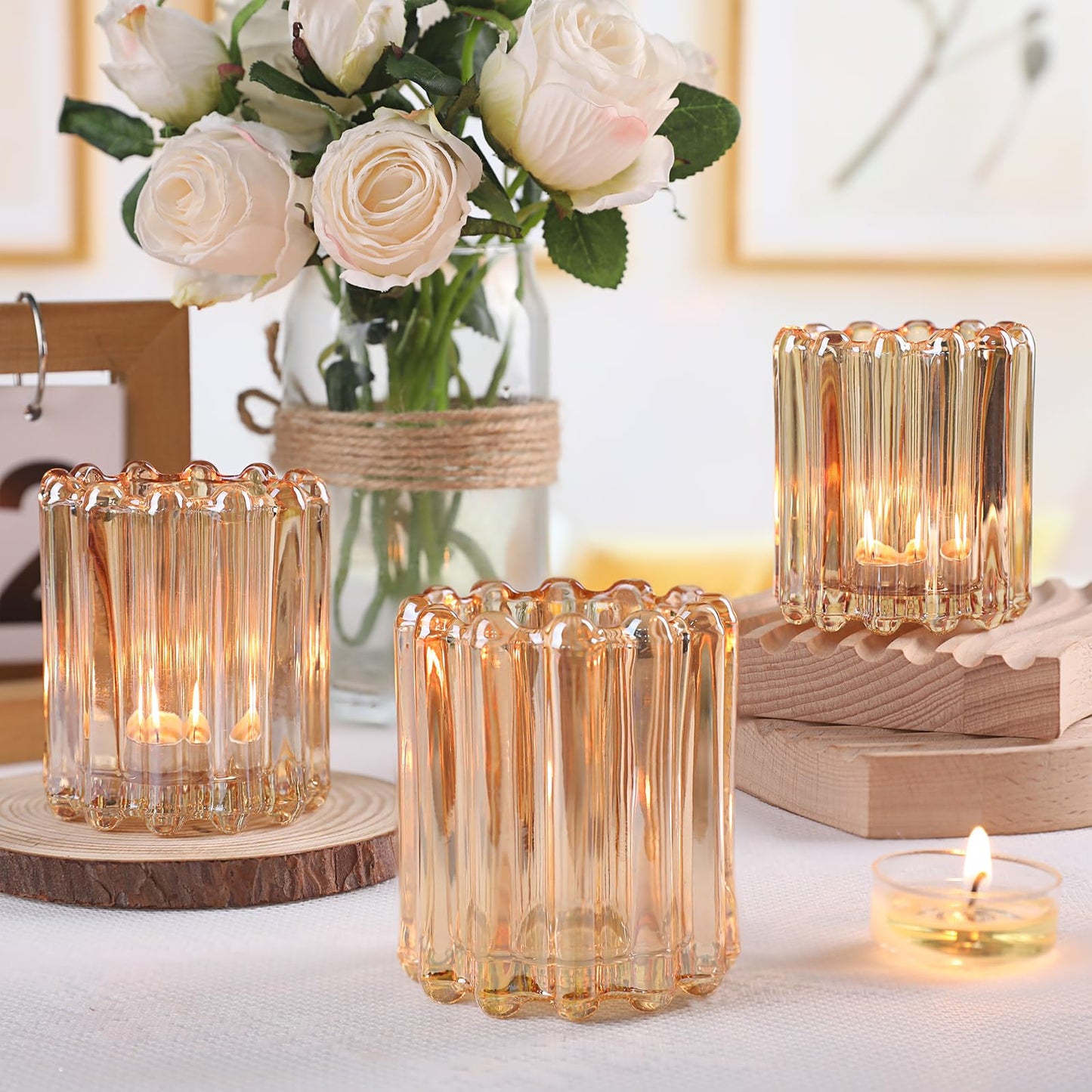 HAVITI Glass Gold Votive Candle Holder, Ribbed Votive Candle Holders Set of 12, Tealight Candle Holder for Wedding Centerpieces Dinner Party Table Decor