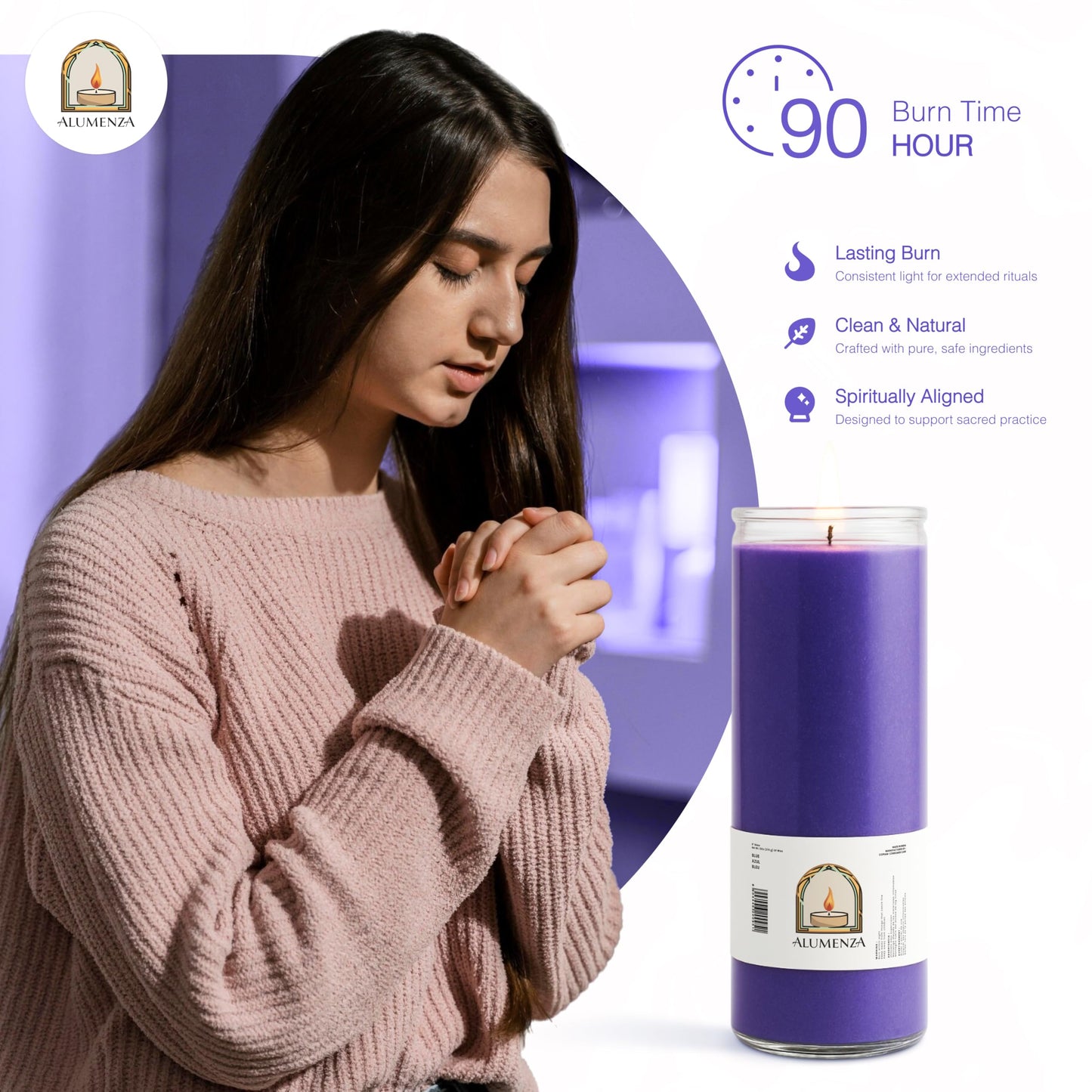 Alumenza Bulk 3 Pack Purple 7 Day Candles in Glass Jar – Paraffin Wax, Clean Burning Unscented | Large & Tall Devotional Prayer Pillar Candles for Home, Memorial, Spells, Long Lasting