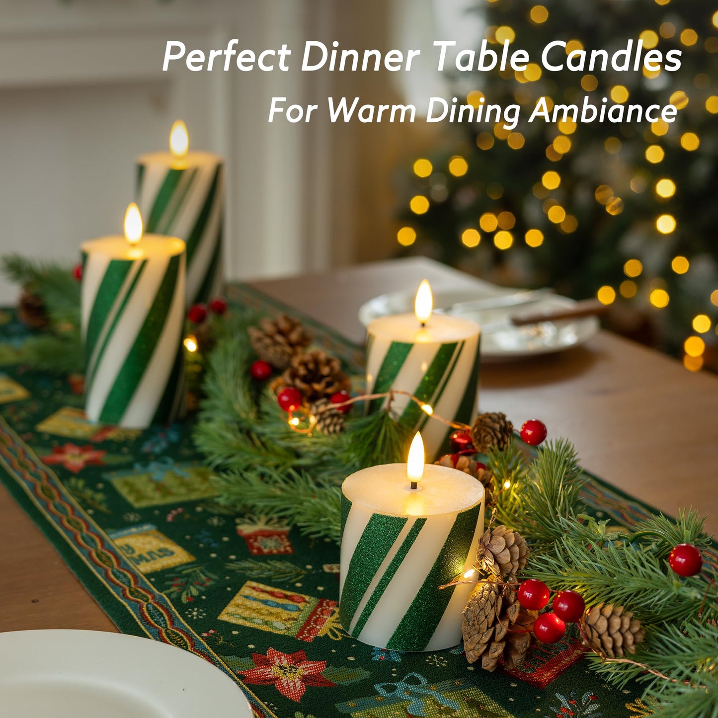 JOIONE Green Striped Flameless Pillar Candles with Remote Set of 4, Battery Operated Real Wax LED Candy Cane Candles, Perfect for Christmas Window, Dinner & Holiday Xmas Decor