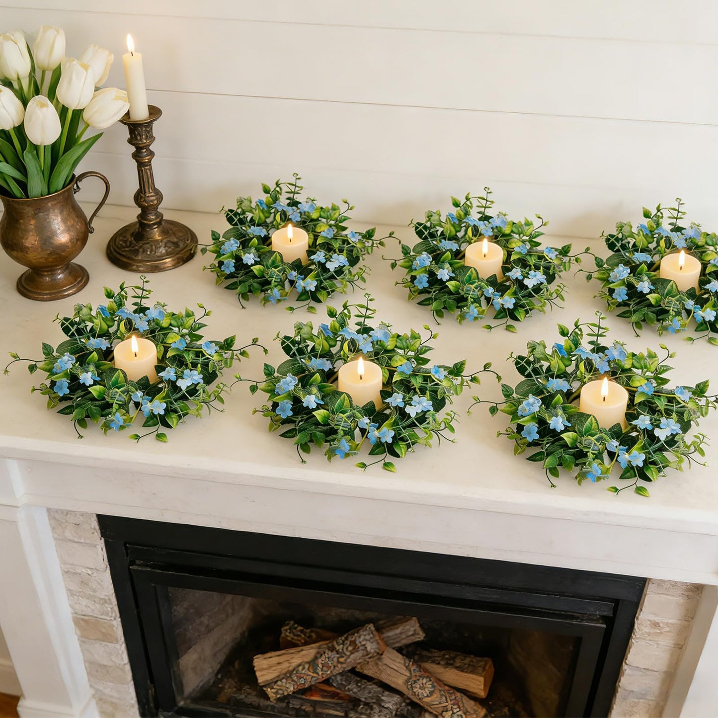 6 Pcs Small Spring Summer Candle Ring Wreaths with Artificial Green Leaves and Trailing Vines Mini Candle Holder Wreath with Blue Flowers for Home Kitchen Table Centerpieces Front Door