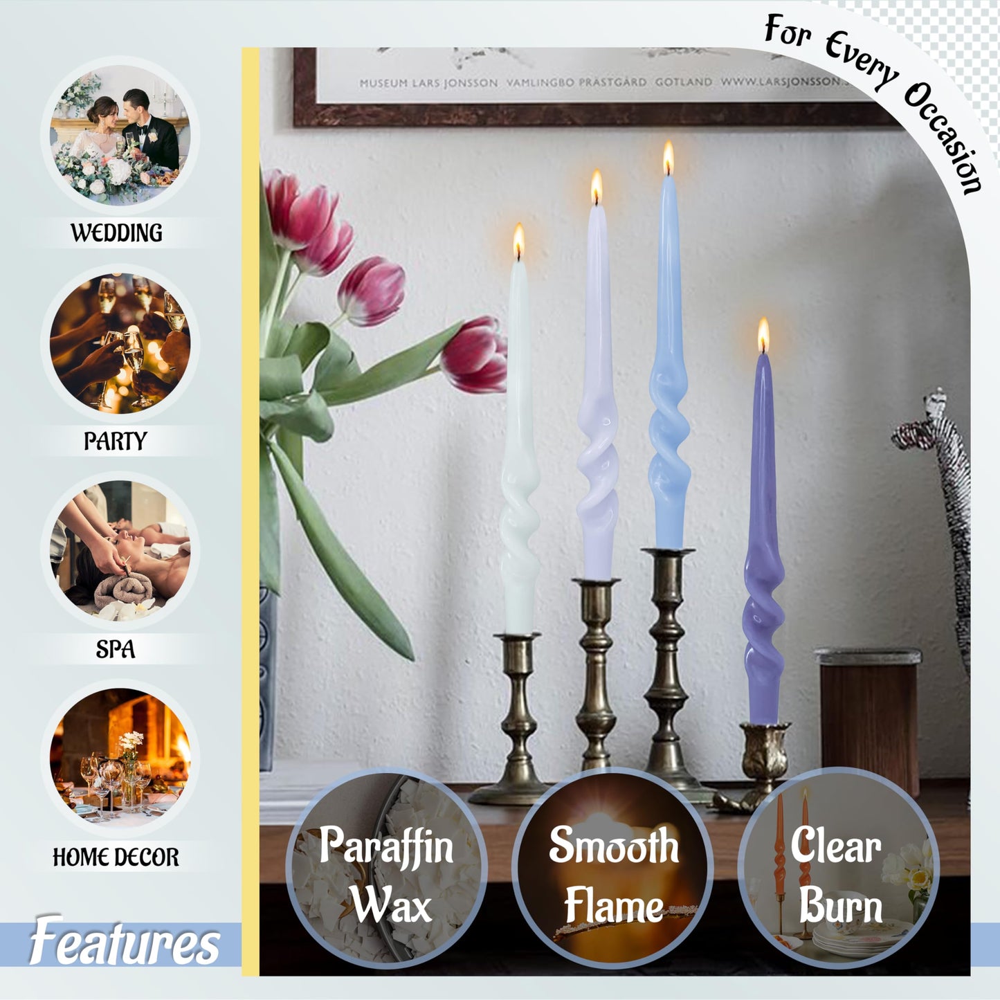 FLAMMUL Gradient Blue Tapered Candles Unscented Twisted Candlesticks 9.5 Inch Smokeless Spiral Candle Sticks for Home Decor Weddings 4 PCS