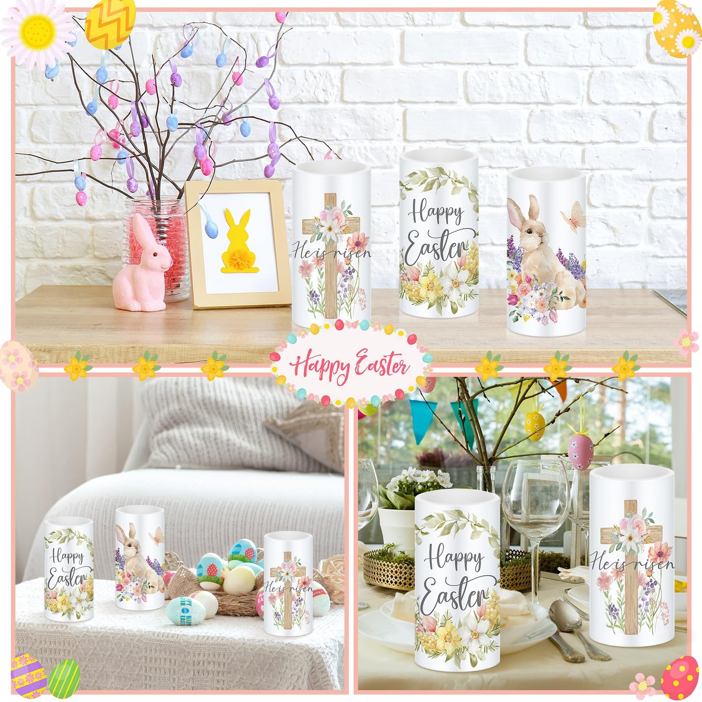 Retisee 3 Pcs Easter Flameless LED Candles Battery Operated Bunny Flower Spring Flickering Pillar Candles with Remote Rabbit Happy Easter Centerpiece for Bedroom Living Room Dinner Table Decoration