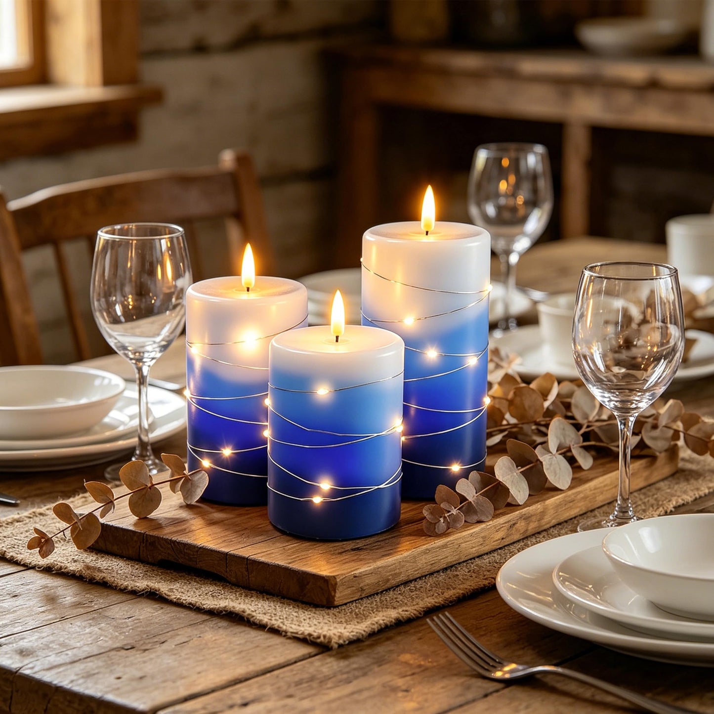 haitanghua flameless Candle Set of 3, with Fairy Light String, Remote Control Timer, Real Wax LED Candle Pillars, 3D Flame Effect, Battery Operated, Gradient Blue Home Decor Candles