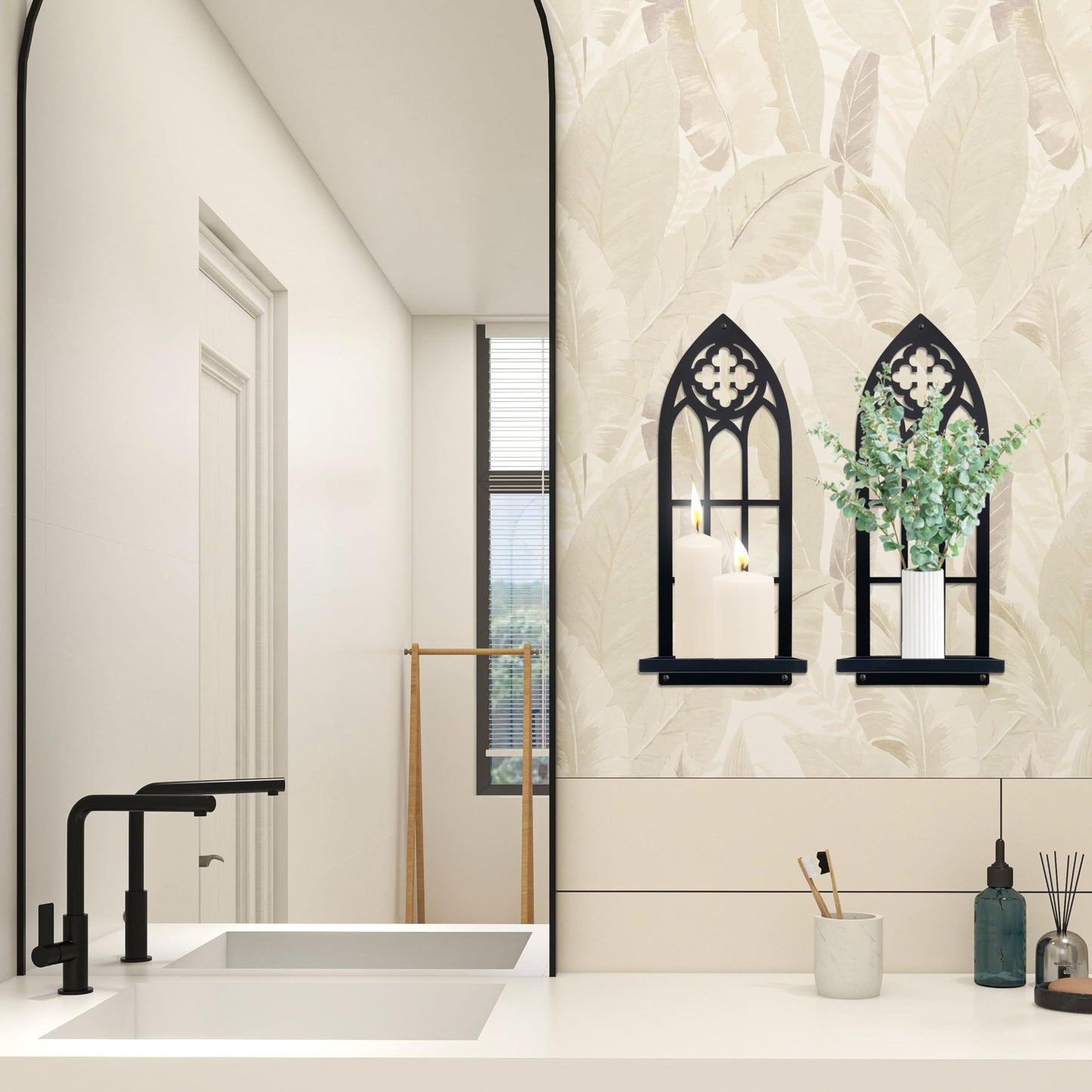 Gothic Wall Sconces Set of Two Candle Holder, Black Metal Gothic Wall Decor, Arched Church Wall Sconces, Rustic Farmhouse Home Wall Art Decor for Living Room, Bathroom, Bedroom, Dining Room(Church)