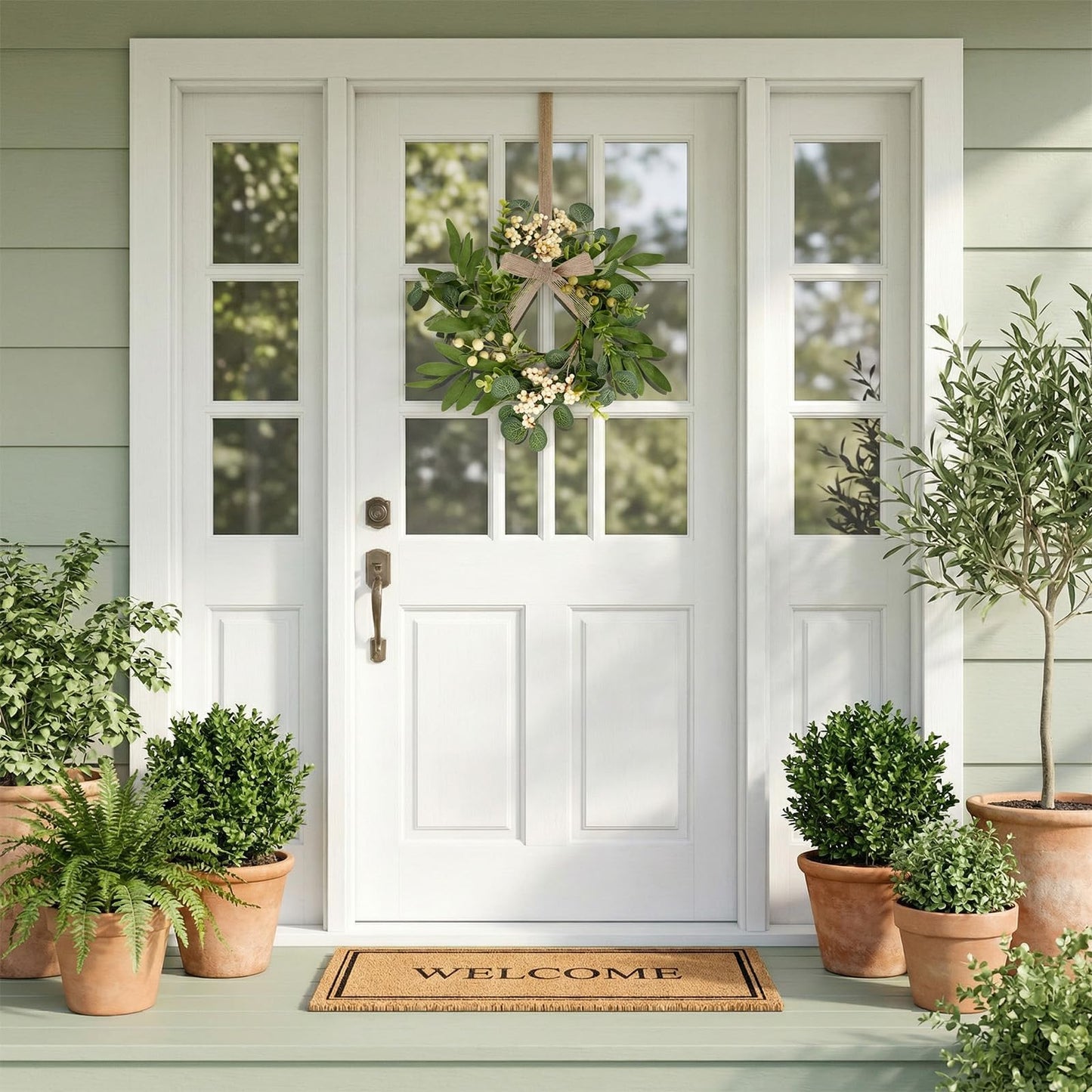 4 Pcs Green Eucalyptus Swag Wreaths for Pillars Spring Summer Kitchen Cabinet Wreaths Mini Green Berry Leaves Wreath with Ribbon for Front Door Porch Wall Window Farmhouse Decoration