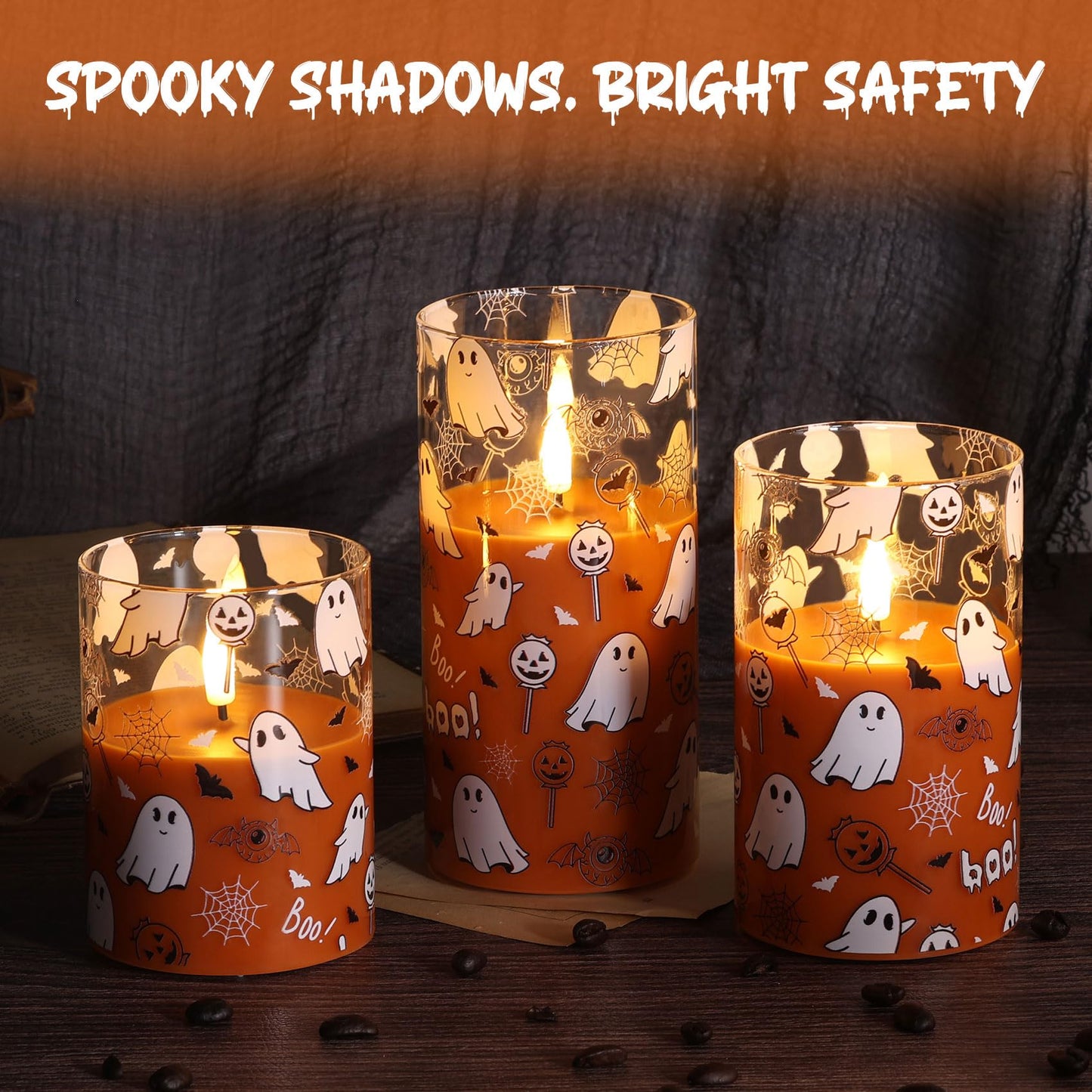 Girimax Orange Halloween Flameless Pillar Candles with Remote, Glass Flickering LED Wax Candles Battery Powered Set of 3