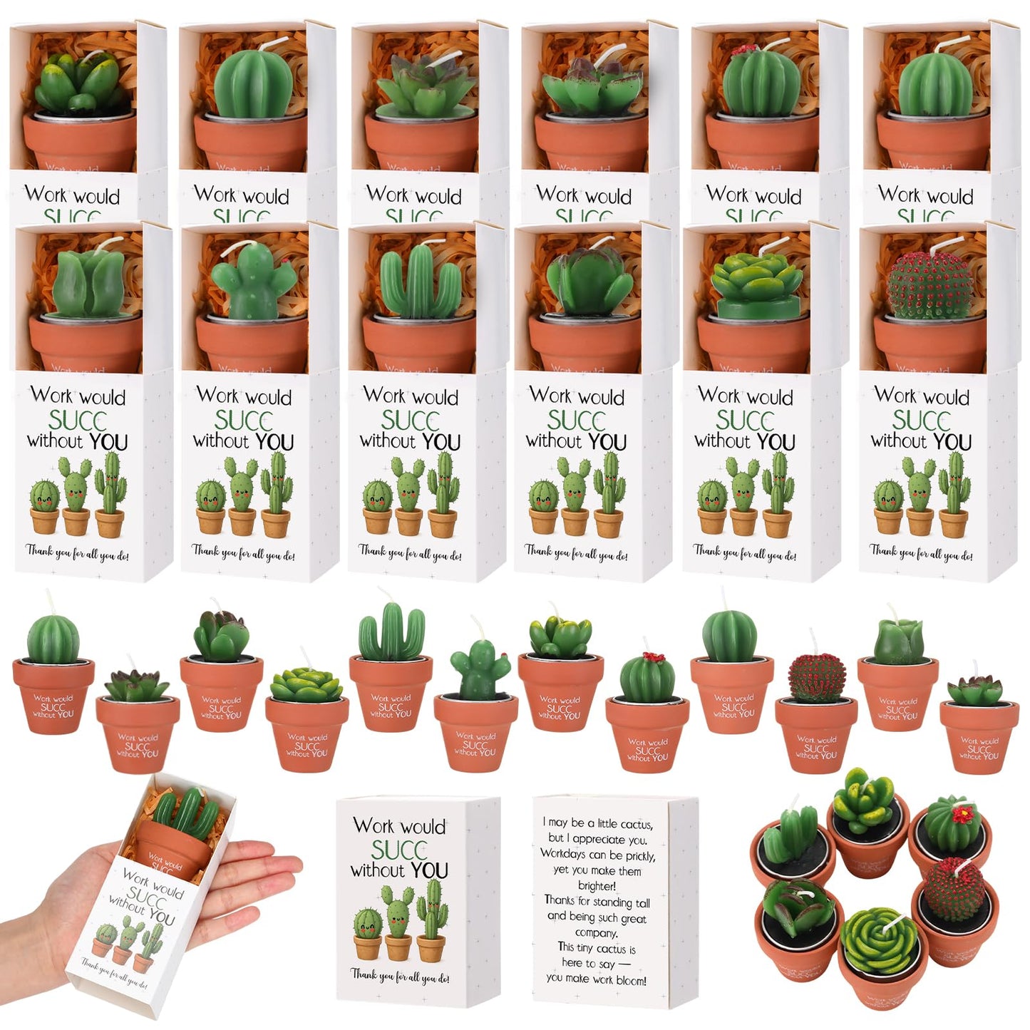Lyrow 24 Sets Employee Appreciation Gift Cactus Tealight Candles Set Mini Handmade Succulent Candle Planter with Matchbox, Office Thanks Gift for End of Year Staff Team Teacher Volunteer